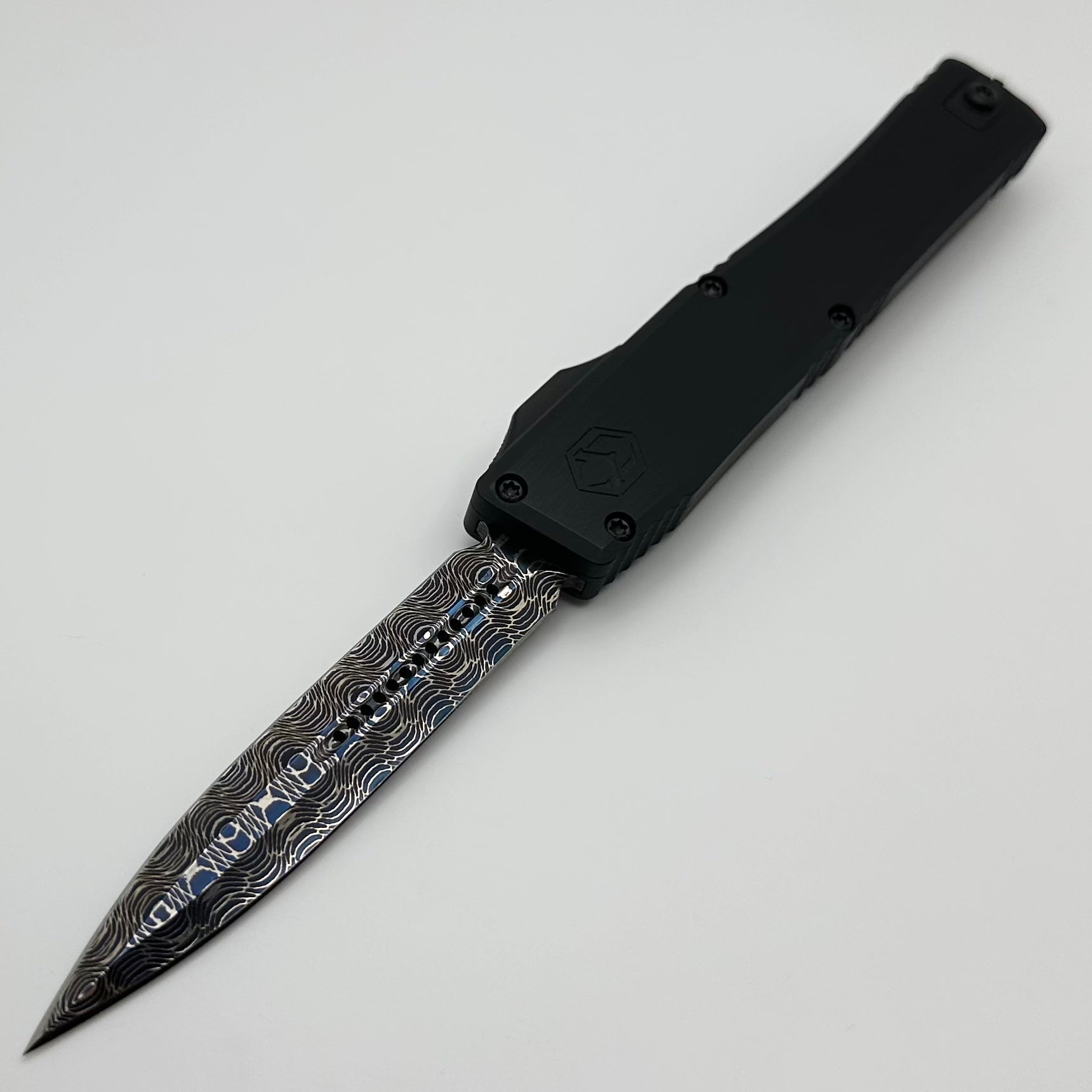 Heretic Premium NYX OTF Knife - Blued Vegas Forge Damascus Blade