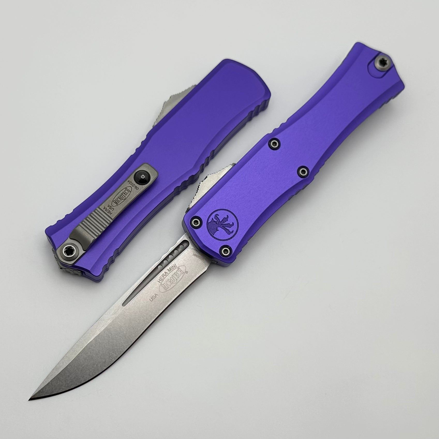 Premium Microtech Mini Hera Stonewash M390MK Folding Knife with Purple Handle