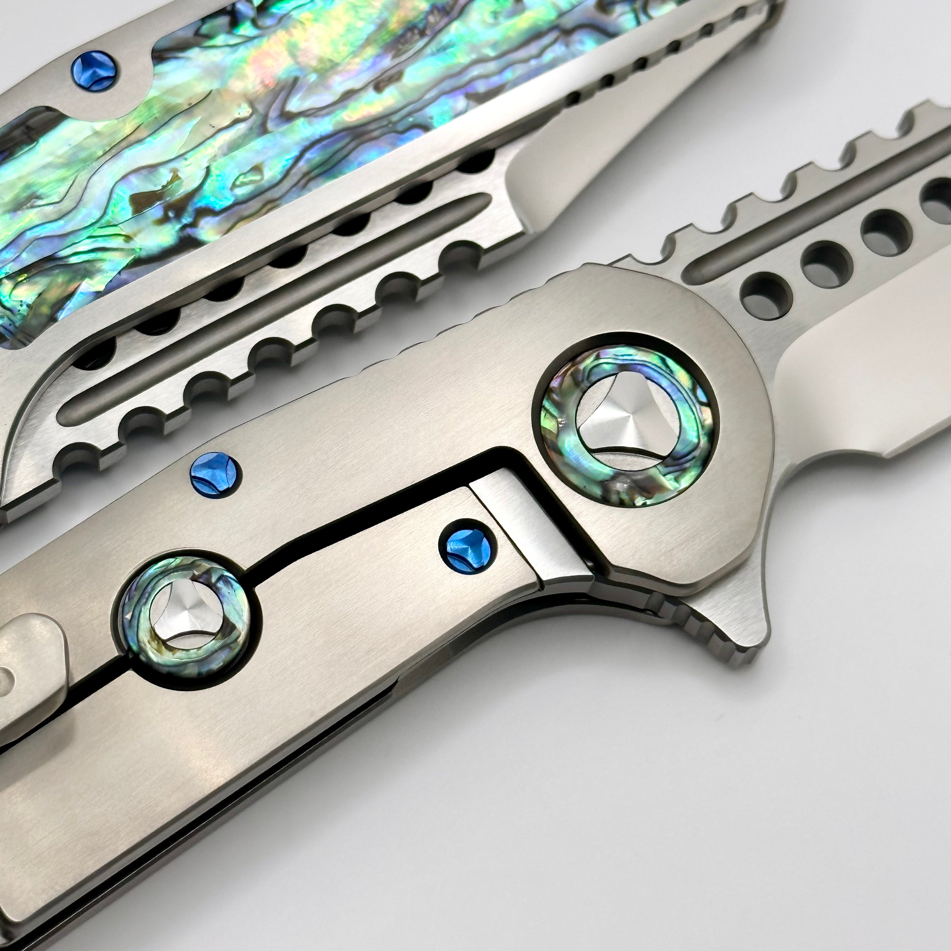 Marfione Custom Warhound Knife: Premium Mirror Polish Blade with Abalone Inlay & Blue Titanium Hardware