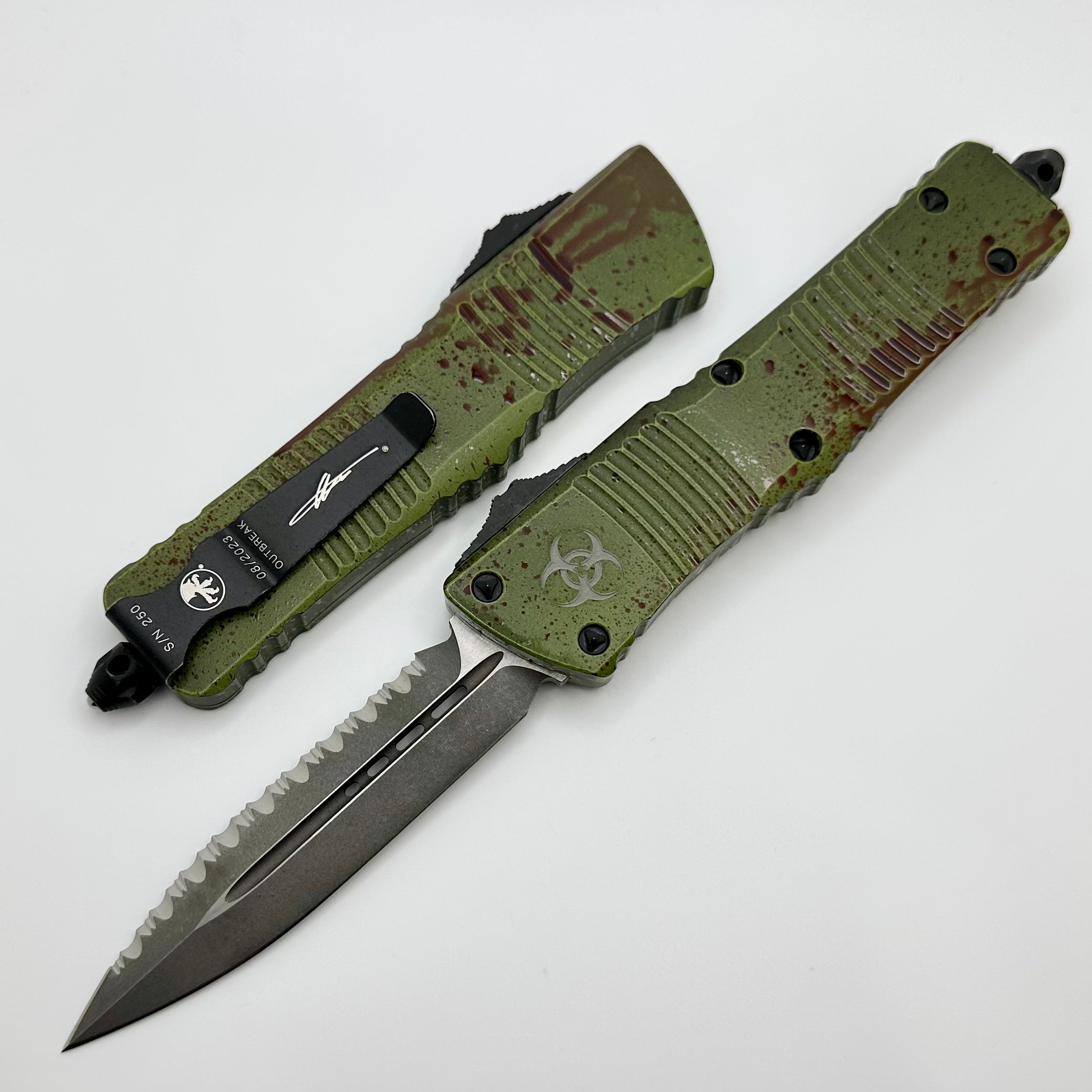 Microtech Combat Troodon Premium Tactical Knife - Double Edge Full Serrated Outbreak Edition