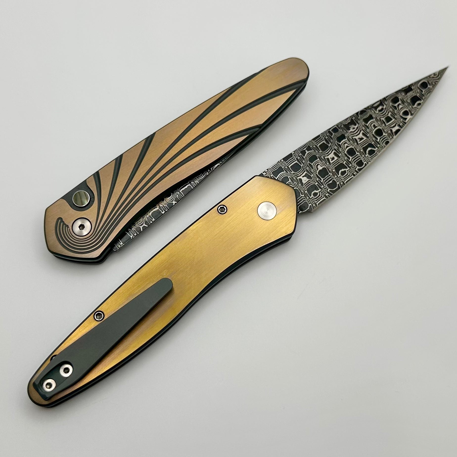 Ultimate Pro-Tech Newport Custom Knife - Green/Bronze Titanium with Abalone Button & Damascus Blade