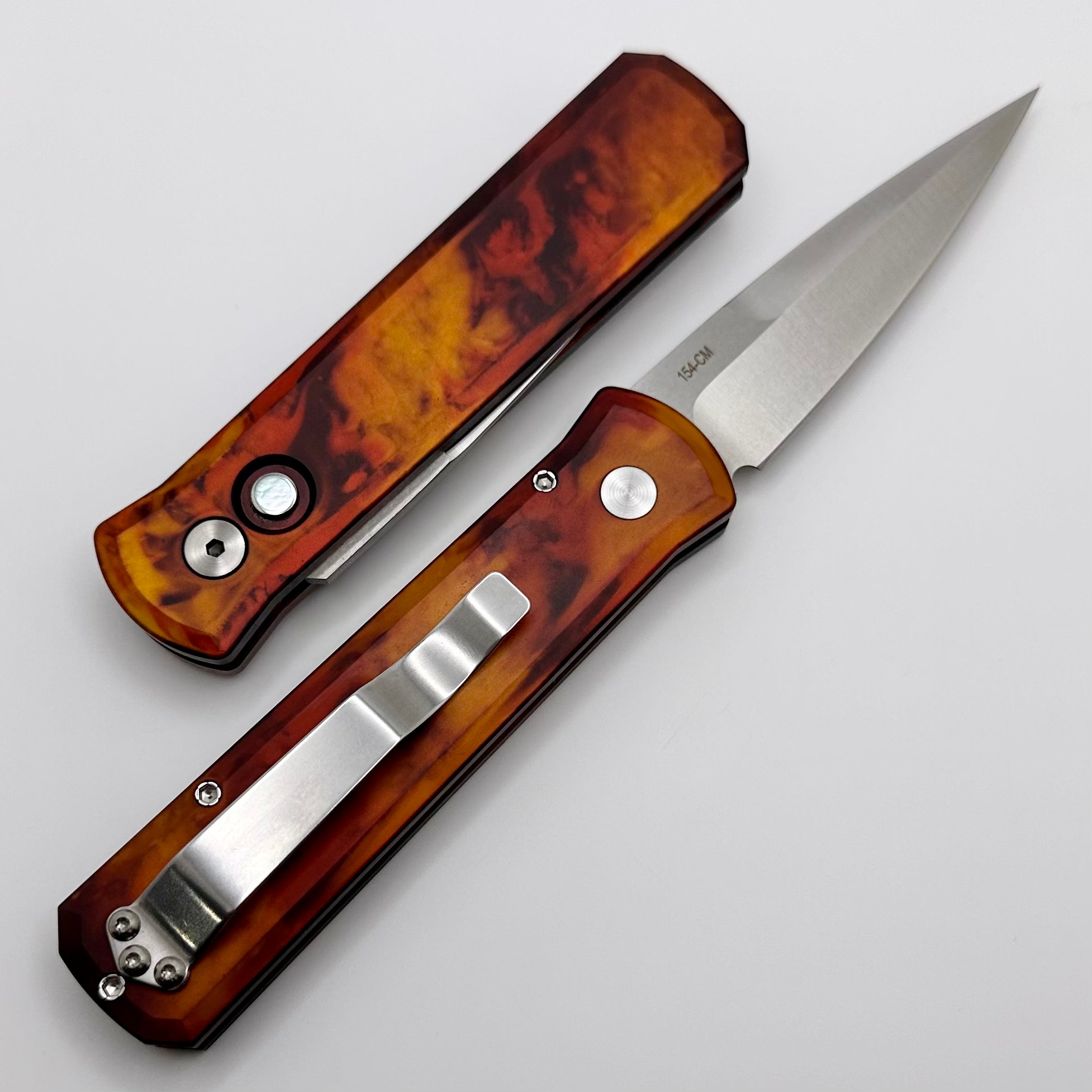 Pro-Tech Godson Del Fuego Custom Knife - Premium Anodized Handle with Mother of Pearl Button