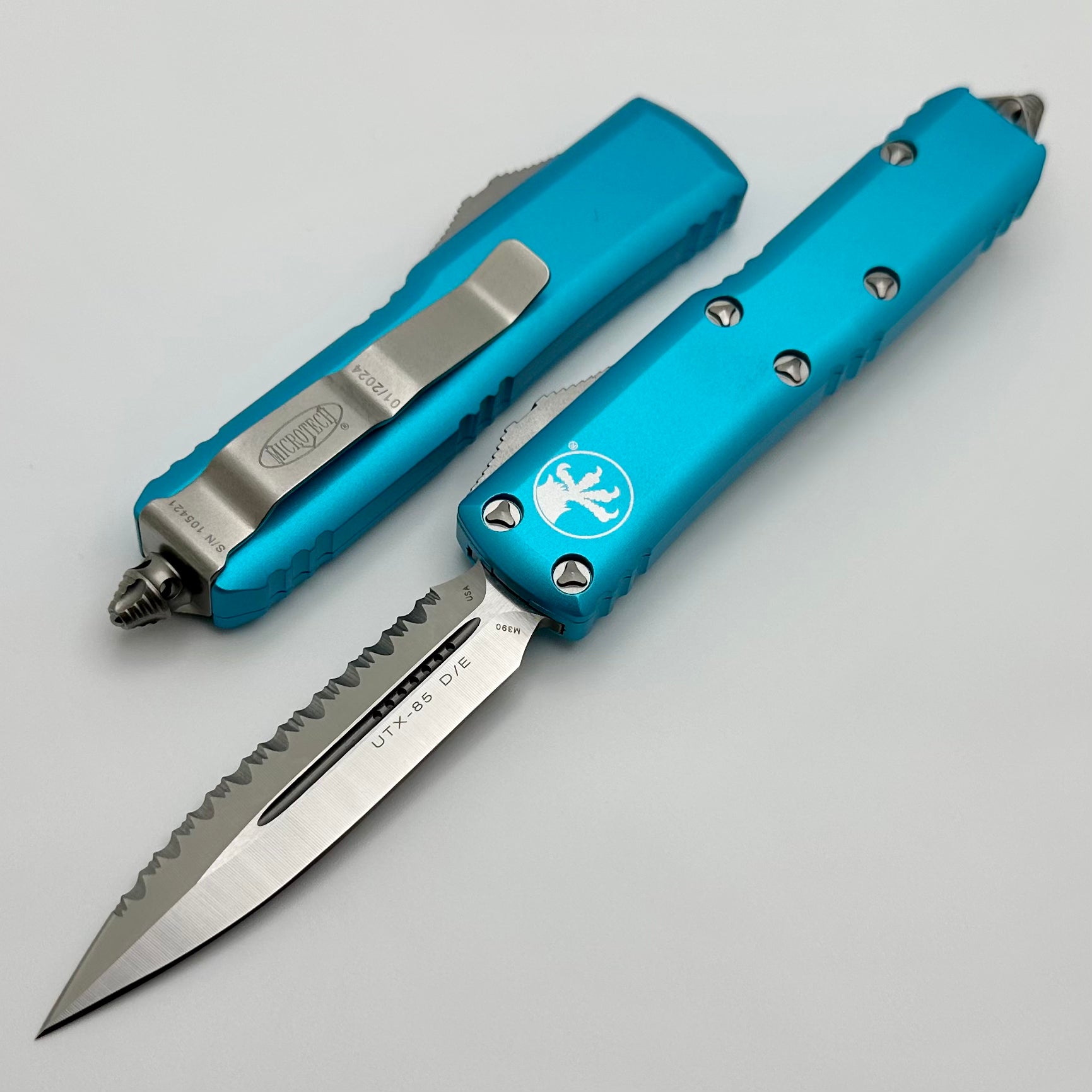 Microtech UTX-85 Premium EDC Knife - Turquoise Double Edge with Serrated Blade