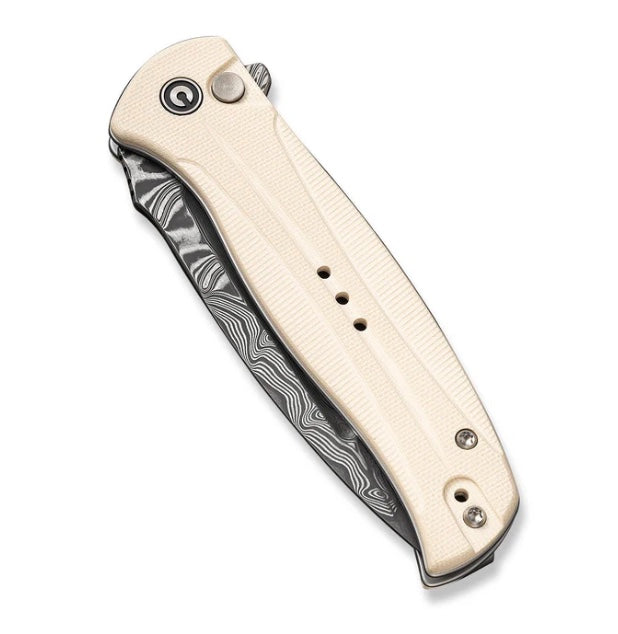 Civivi Incendie Premium Button Lock Flipper Knife with Ivory/White G-10 Handles & Damascus Blade