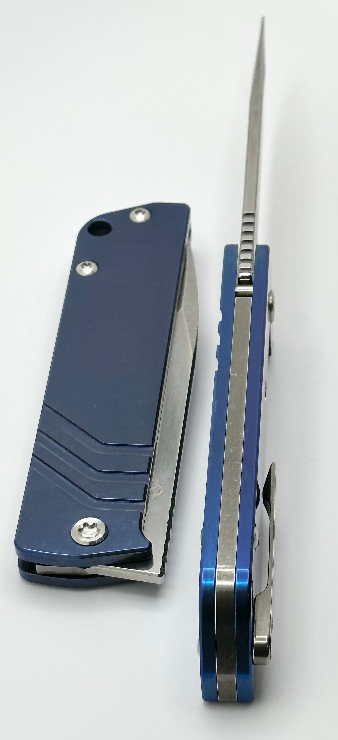 Medford Antik Front Flipper Knife - Premium Tumbled S45VN Drop Point & Blue Titanium Handles