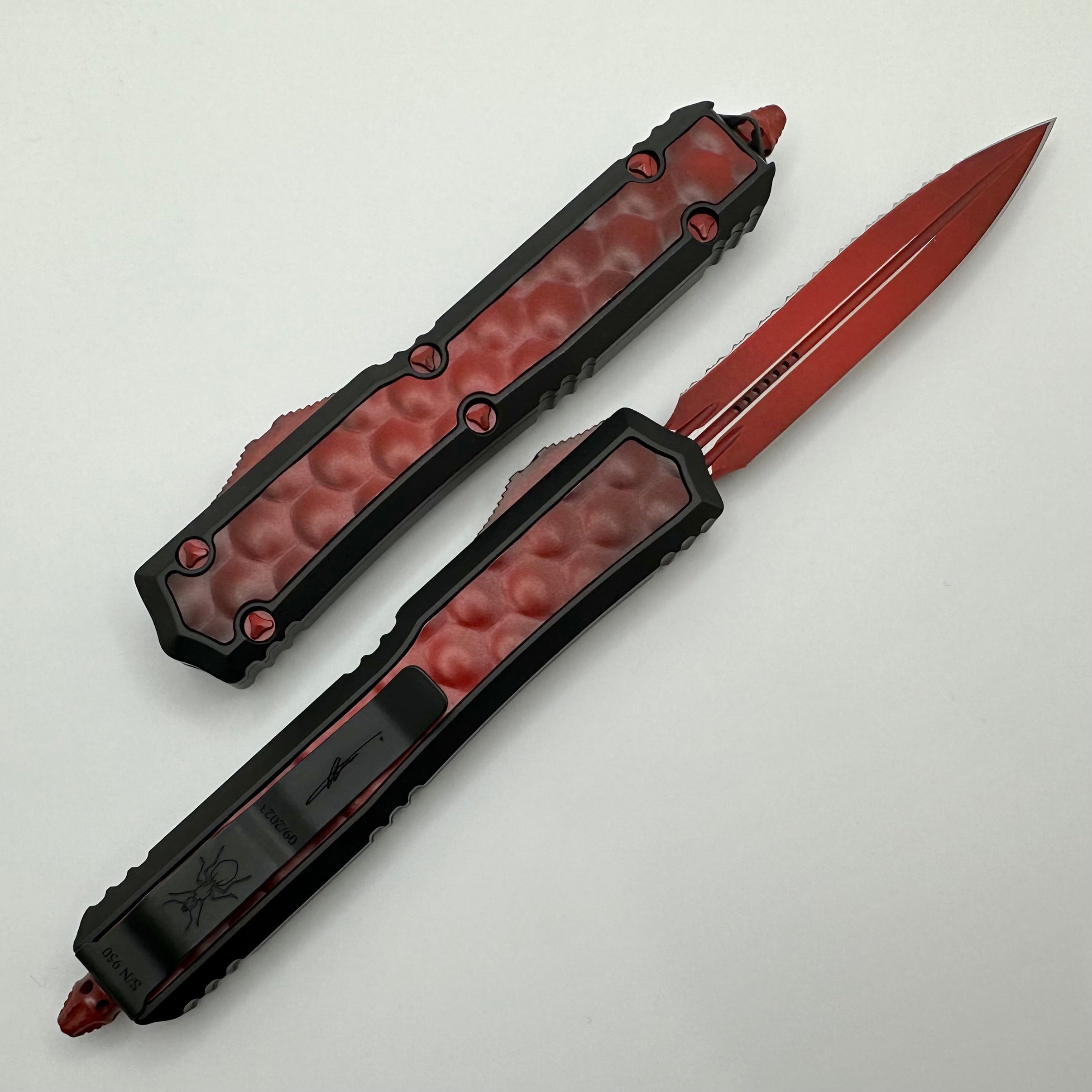 Premium Microtech Makora Weathered Red Full Serrated Double Edge Knife with DLC Engraving & Nickel Boron Internals