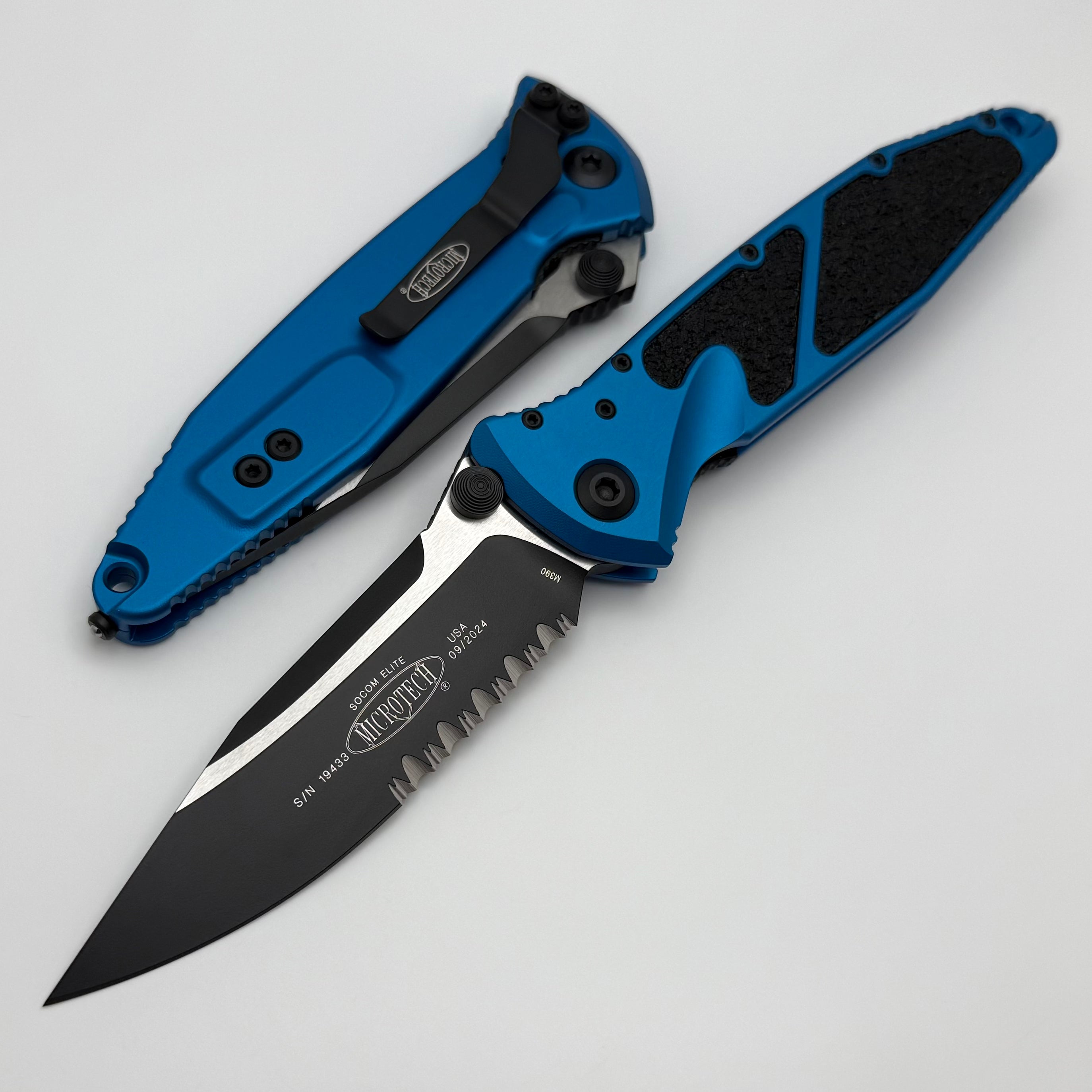 Microtech Socom Elite Manual Tactical Knife - Black Blade with Blue Handles