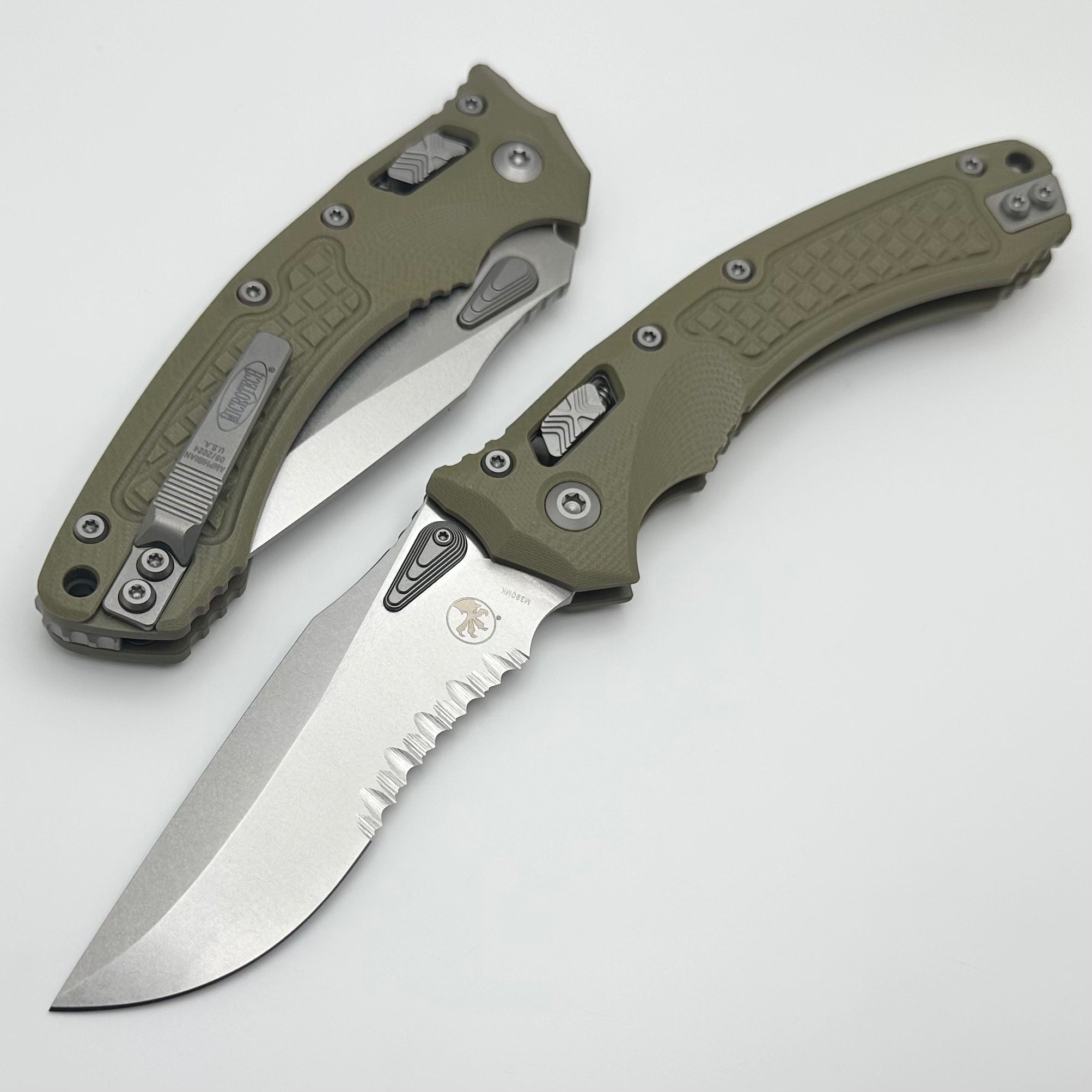 Microtech Amphibian RAM LOK Ultimate Tactical Knife - OD Green Frag G-10 & Serrated Stonewash M390MK