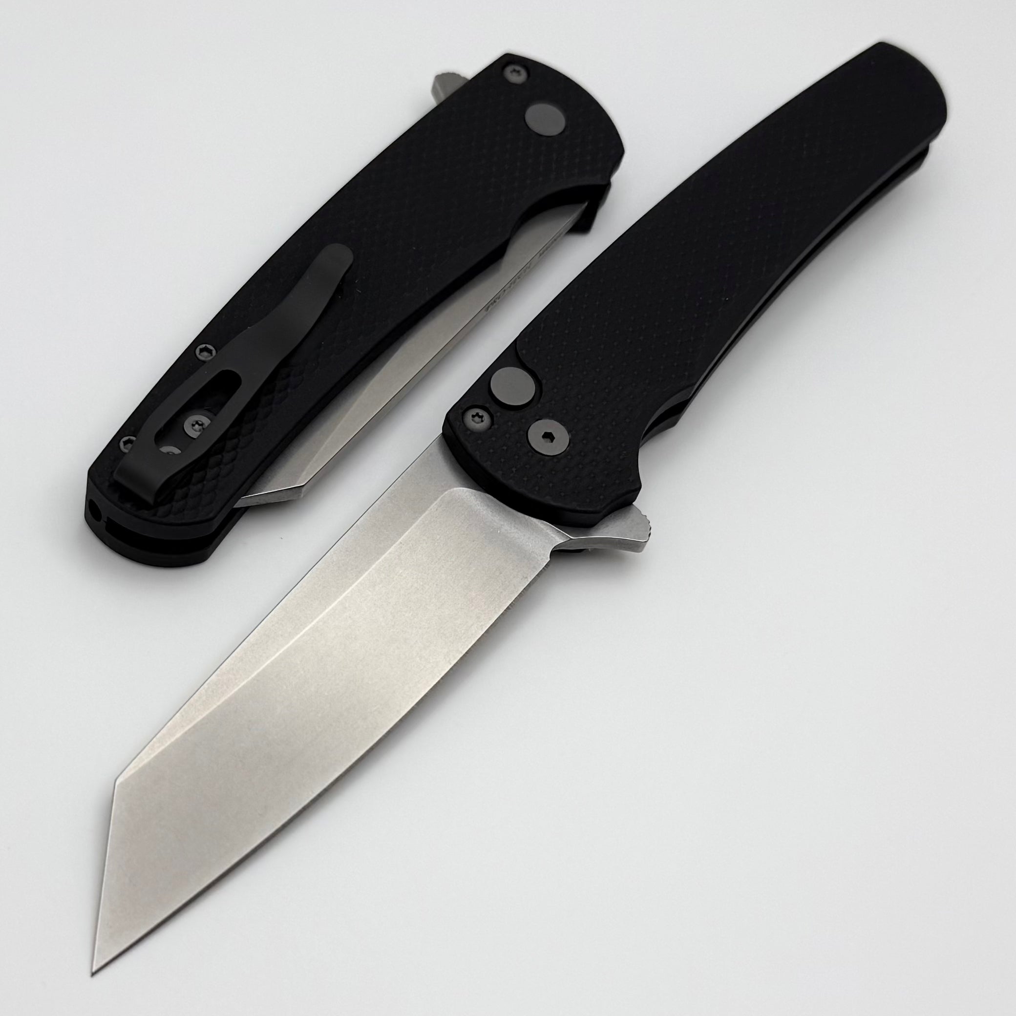 Premium Pro-Tech Malibu Tactical Folding Knife - Textured Black Handle & Stonewash MagnaCut Reverse Tanto Blade