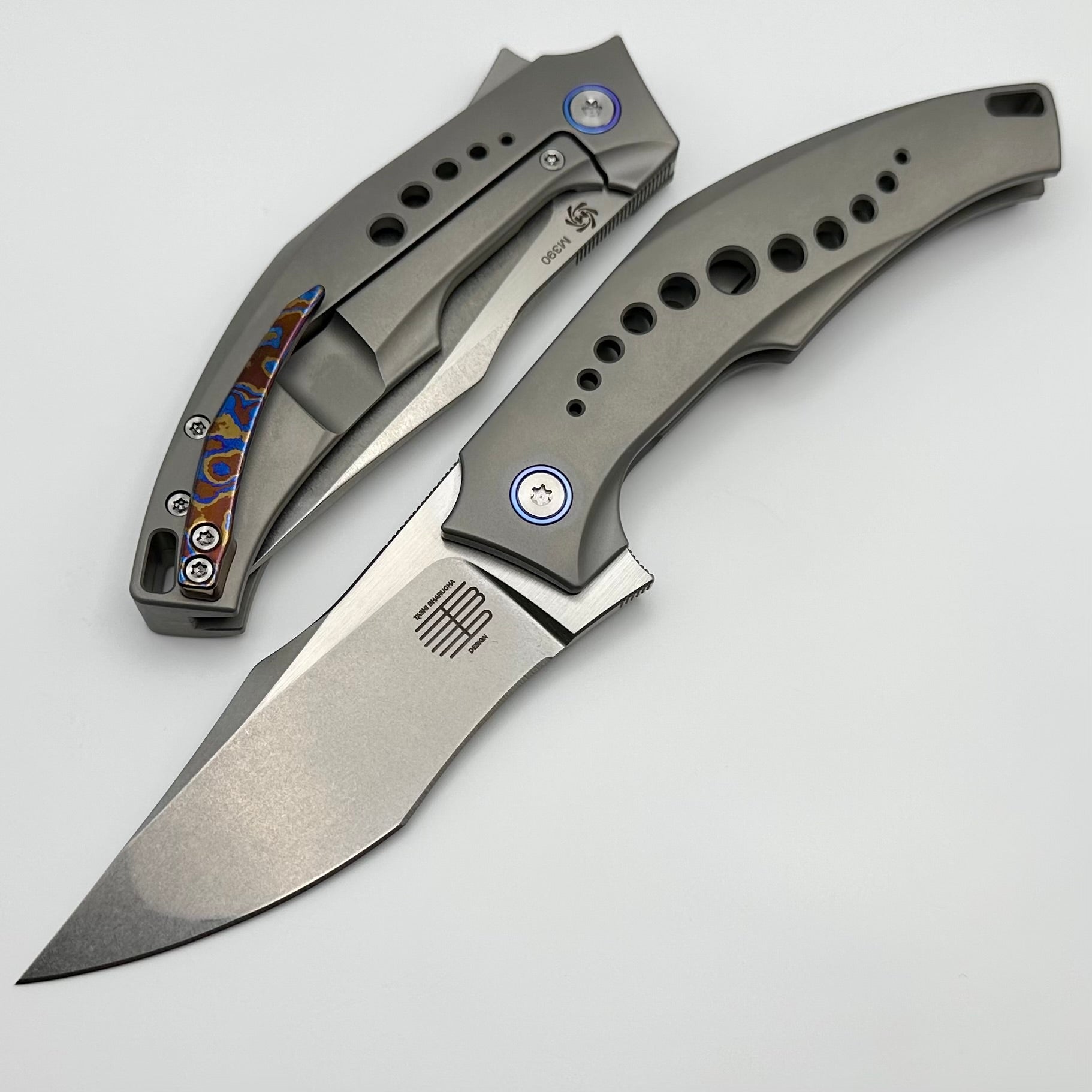 Mechforce Tashi SOS Premium EDC Folder - M390 Steel & Titanium Handles with Blue Accents