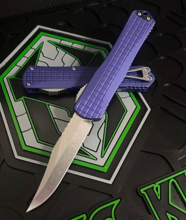 Heretic Knives Manticore X Ultimate OTF Knife - Purple Frag Handle & Stonewash Bowie MagnaCut