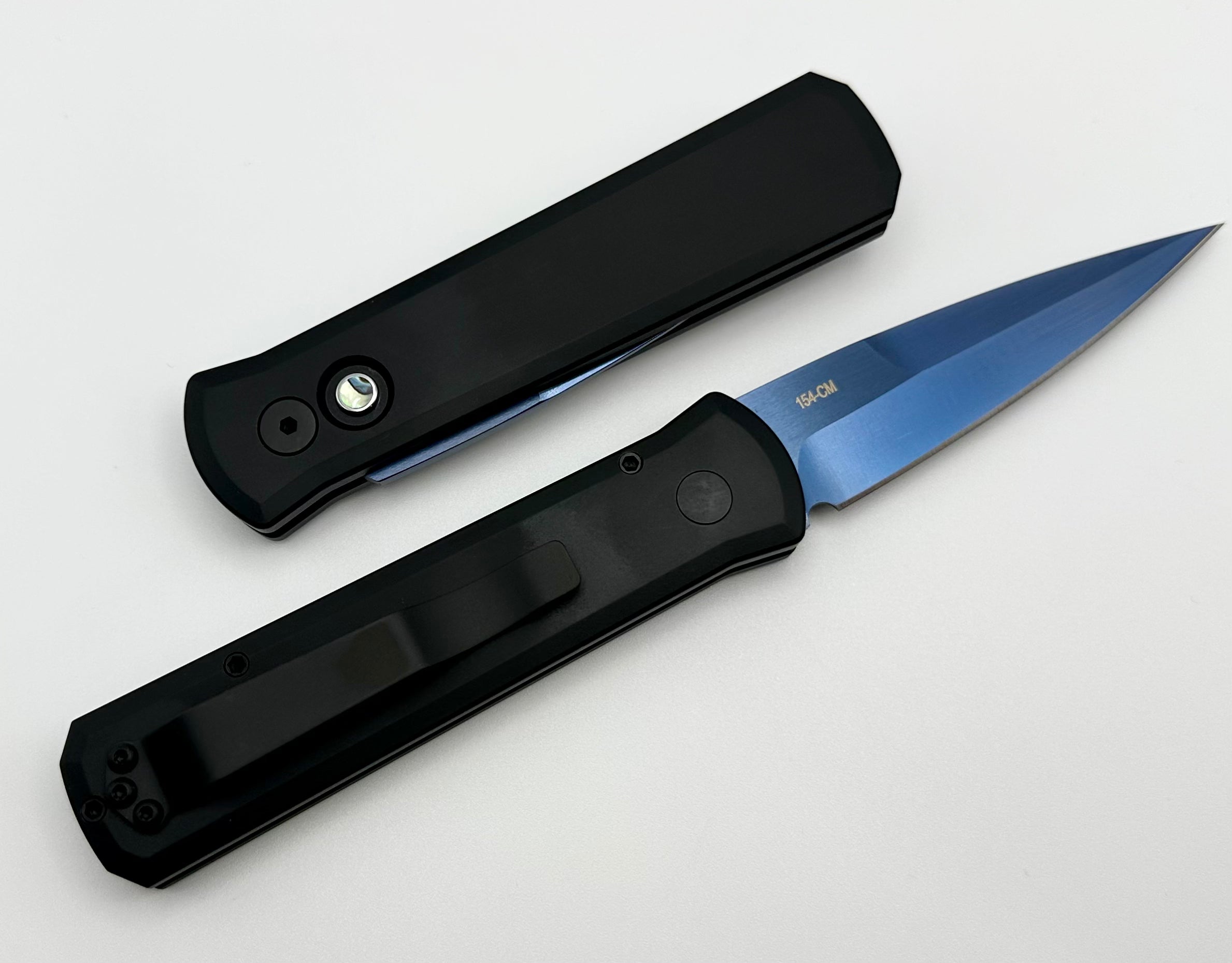 Pro-Tech Godson Premium Automatic Knife - Black Handle with Abalone Button & Sapphire Blue 154-CM Blade