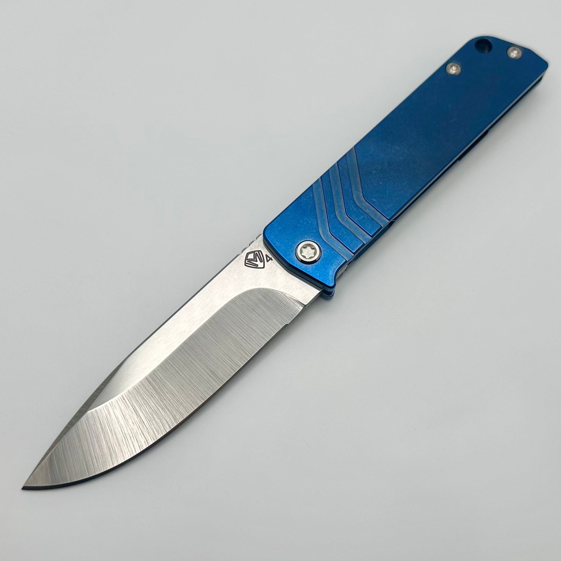 Medford Antik Premium Front Flipper Knife - S45VN Drop Point & Blue Titanium Handles