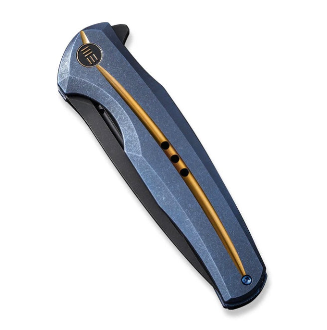 Premium WE Knife 601X: Limited Edition Blue Titanium Handle with Golden Groove & Black Stonewashed 20CV Blade