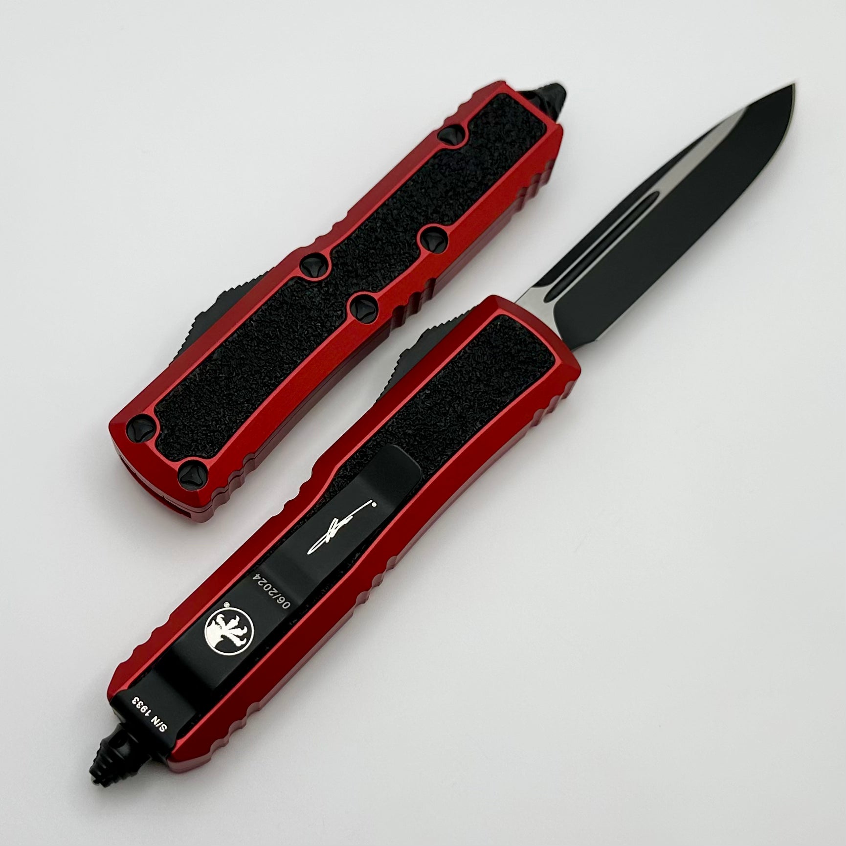 Microtech Daytona Red Premium Folding Knife with Grip Inlays & Black Single Edge