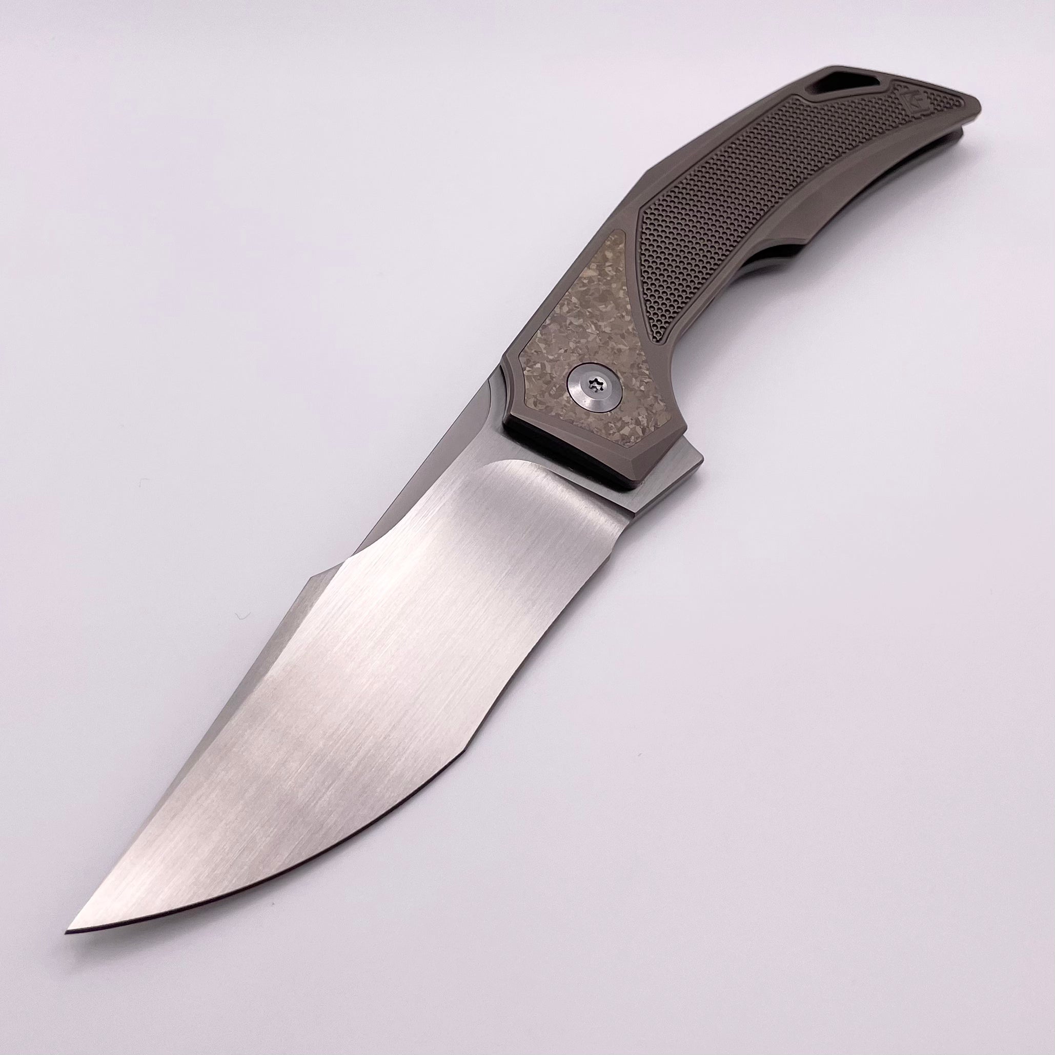 Premium Pre-Owned Custom Knife Factory Justice Bronze w/ CrystalTi & Hand Satin M398 - Ultimate EDC Companion