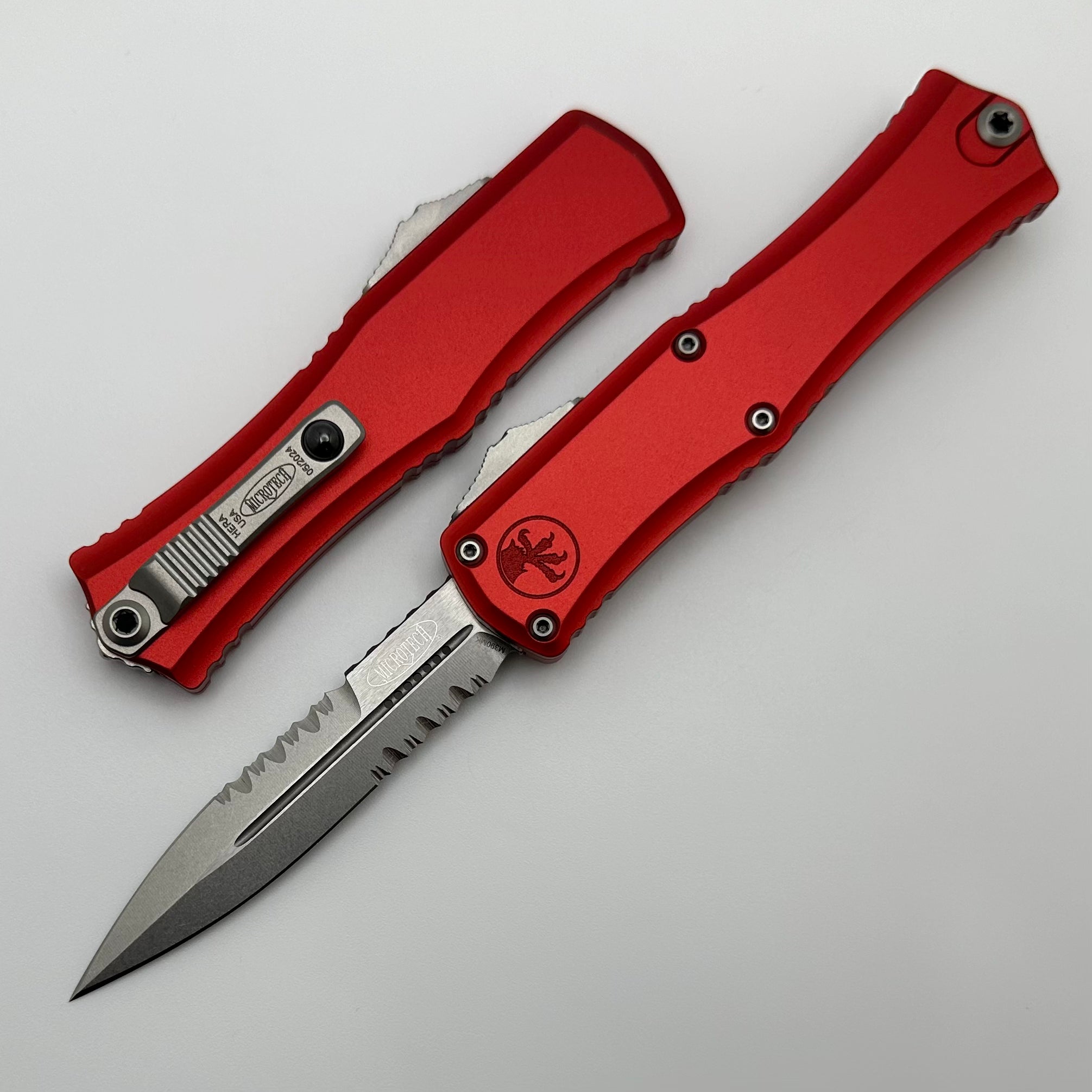 Microtech Premium Mini Hera OTF Knife - M390MK Blade, Red Aluminum Handle, Partial Serrated