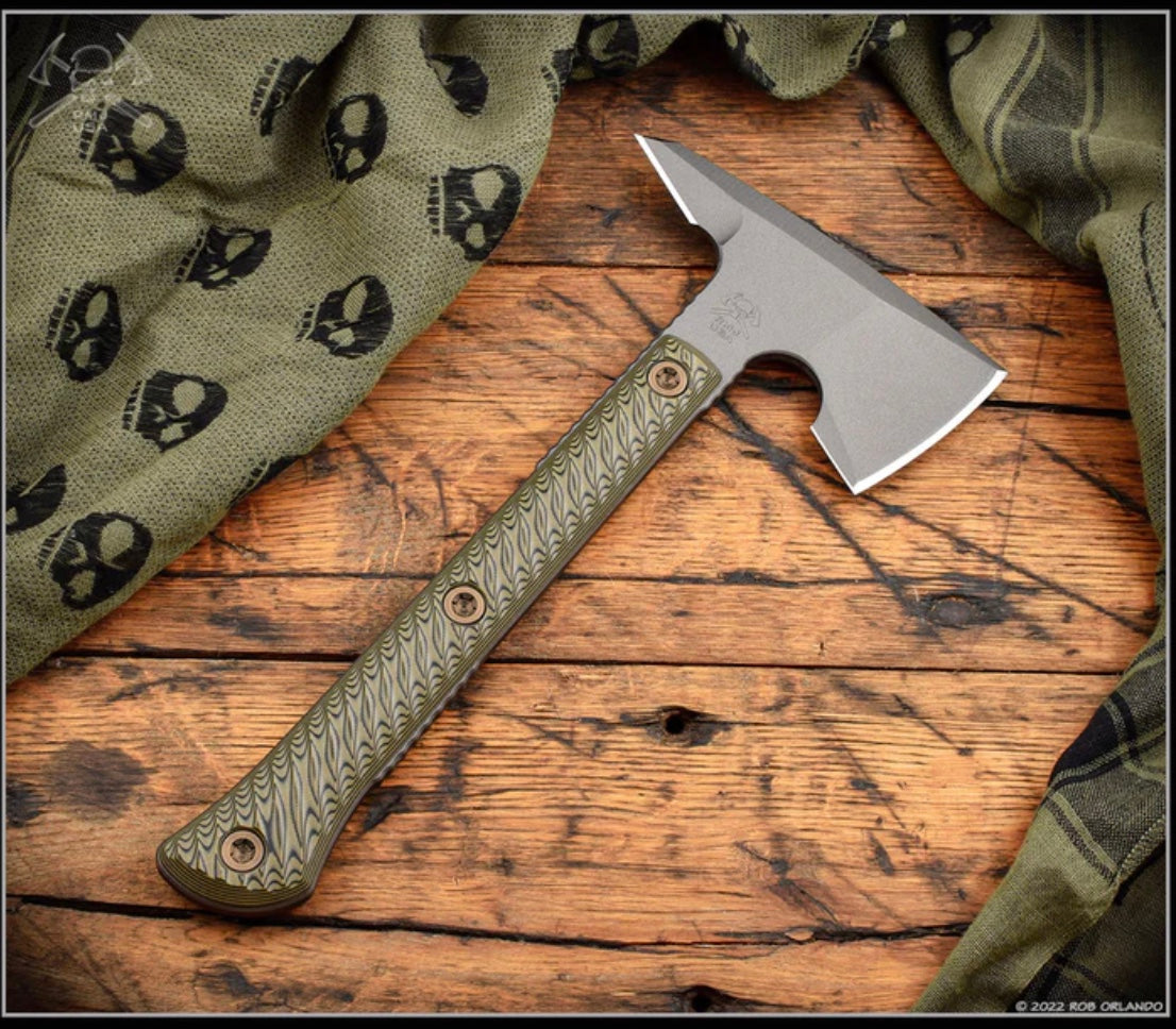 RMJ Jenny Wren Spike Premium Tactical Tomahawk with Dirty Olive G-10 Handle