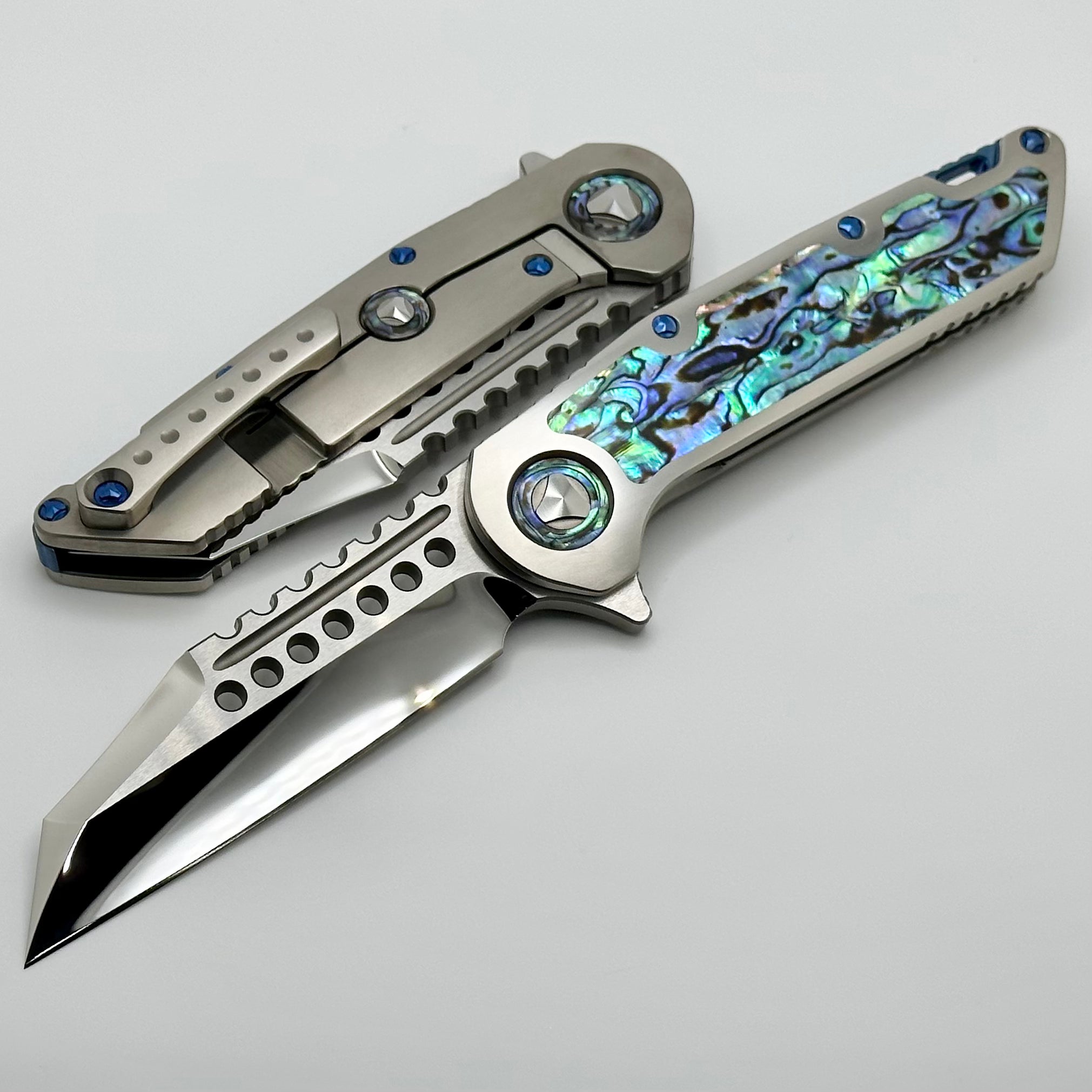 Marfione Custom Warhound Knife: Premium Mirror Polish Blade with Abalone Inlay & Blue Titanium Hardware