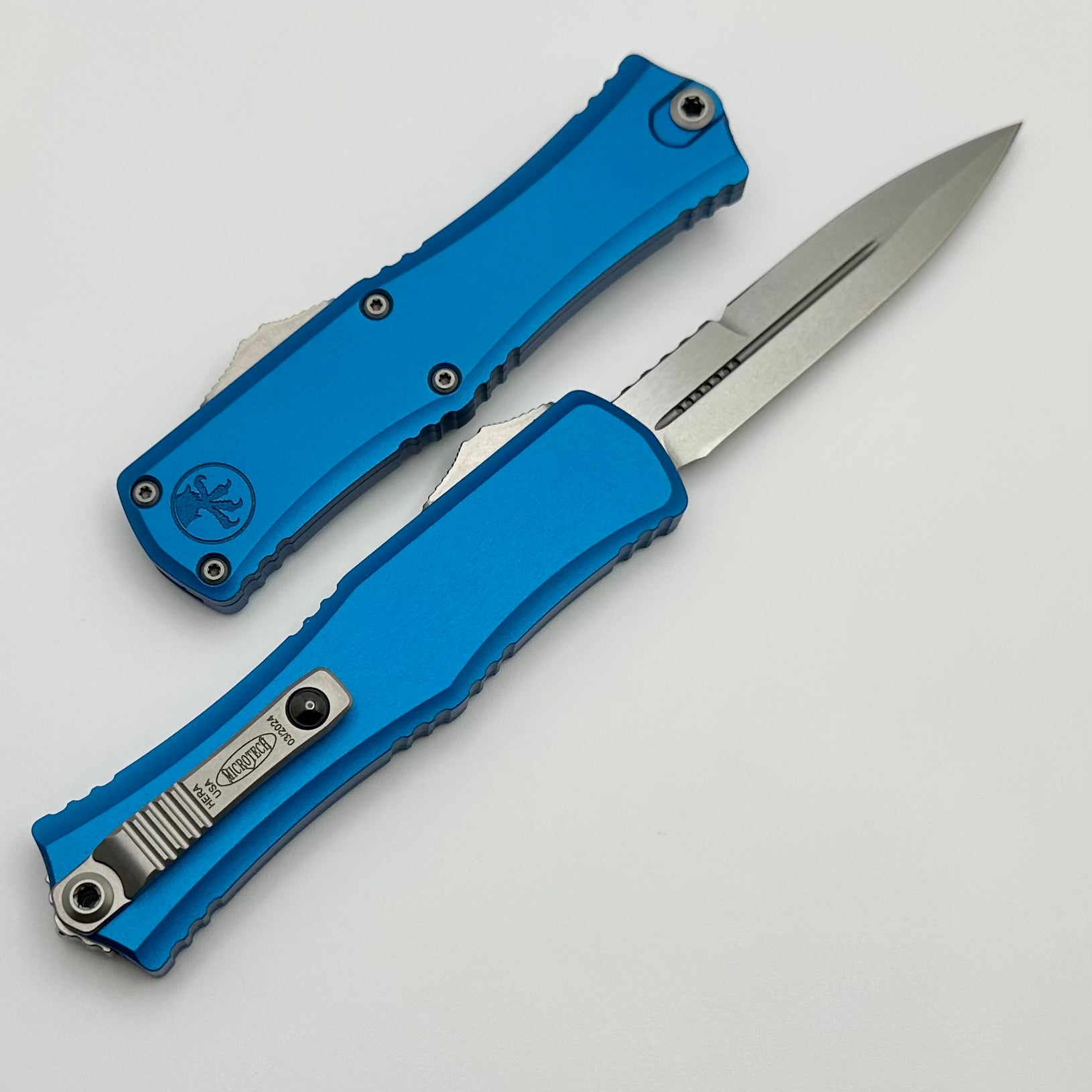 Microtech Mini Hera OTF Knife - Premium Stonewash Bayonet with M390MK Steel & Blue Aluminum Handle