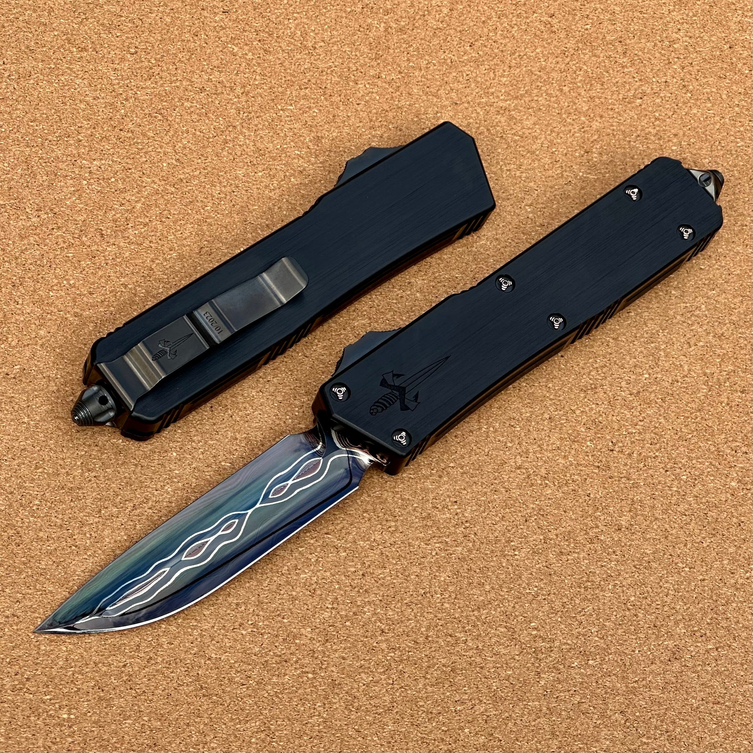 Premium Marfione Custom Scarab II Tactical OTF Knife - Ultra Damascus Blade & Hefted Black Handle