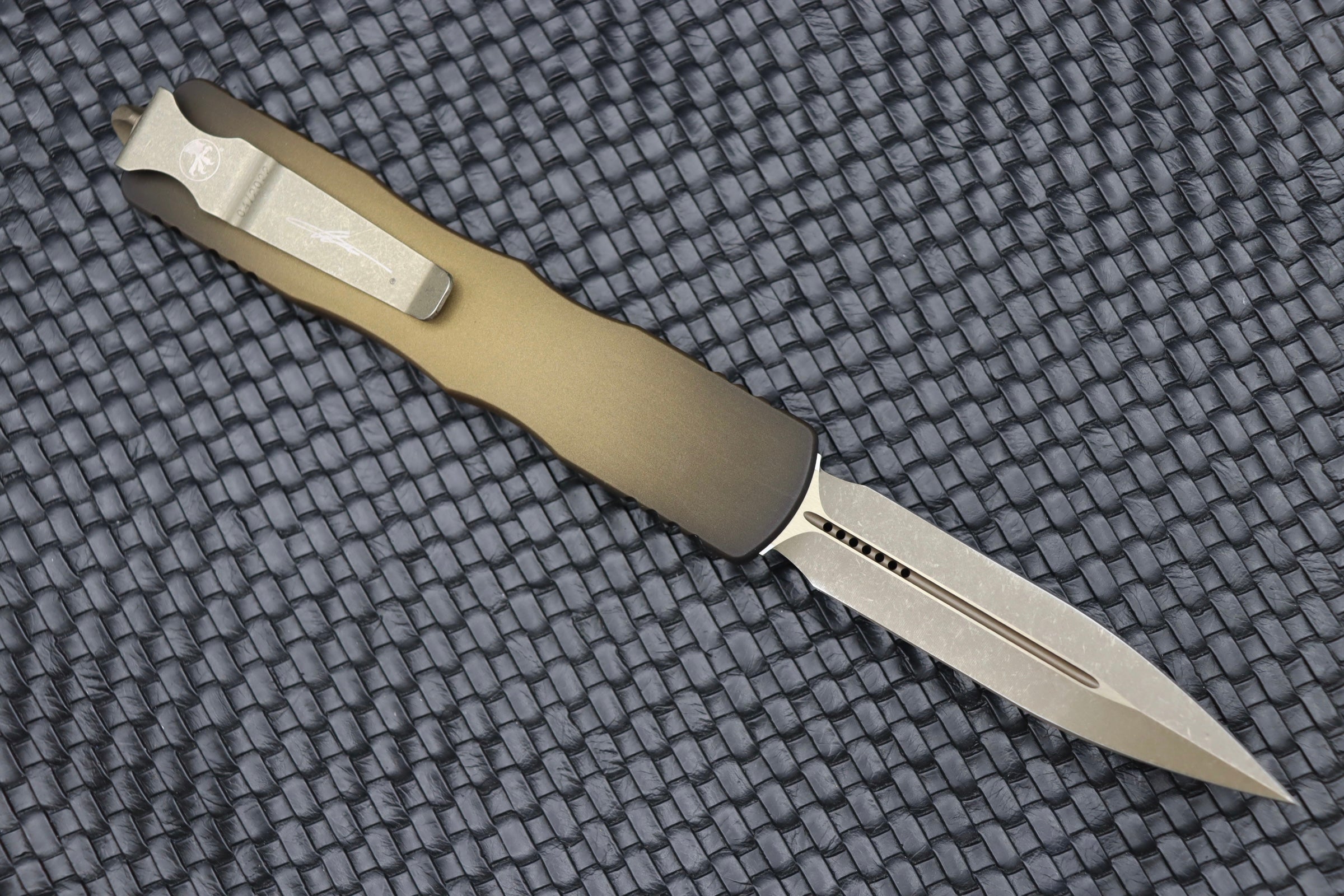 Premium Microtech Dirac Delta Double Edge OTF Knife - Bronze & Antique Bronze Signature Series