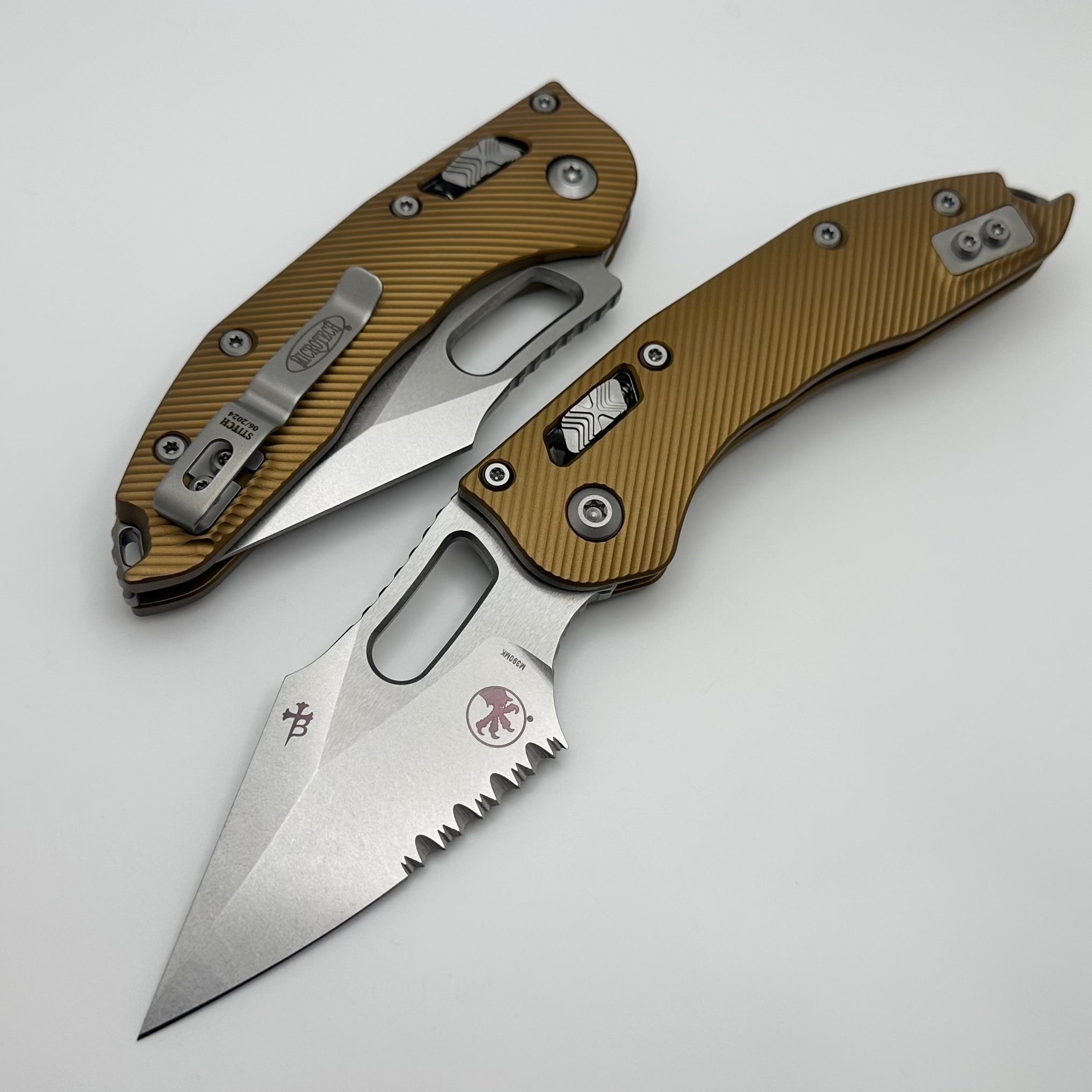 Premium Microtech Stitch RAM LOK Knife - Tan Aluminum, Partial Serrated M390MK