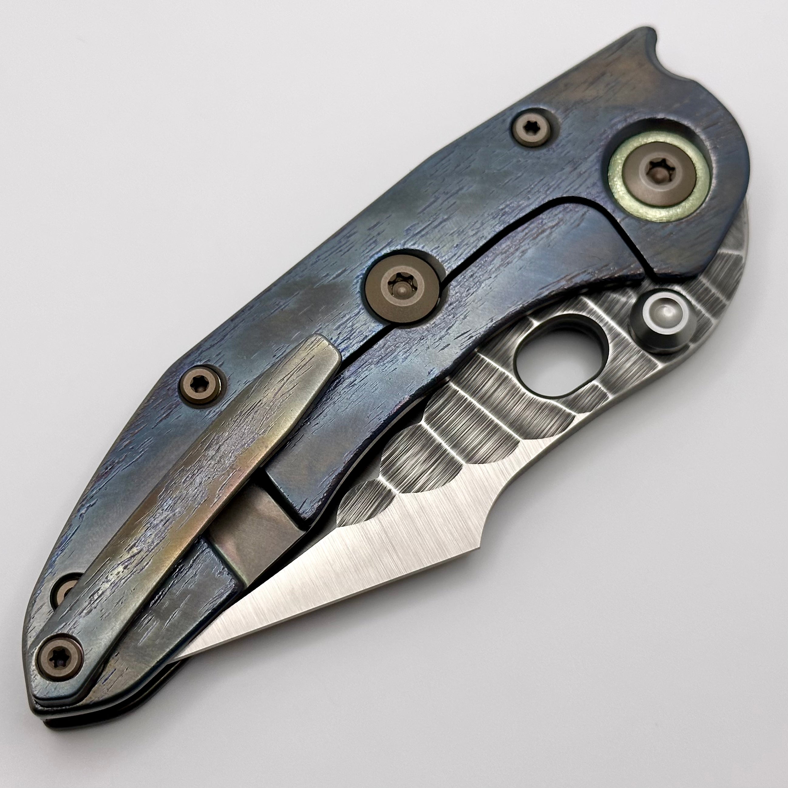 Borka Blades Ultimate Custom Rocker Knife - Cosmic Stitch with Rock Grind Blade & Green Pivot Collars