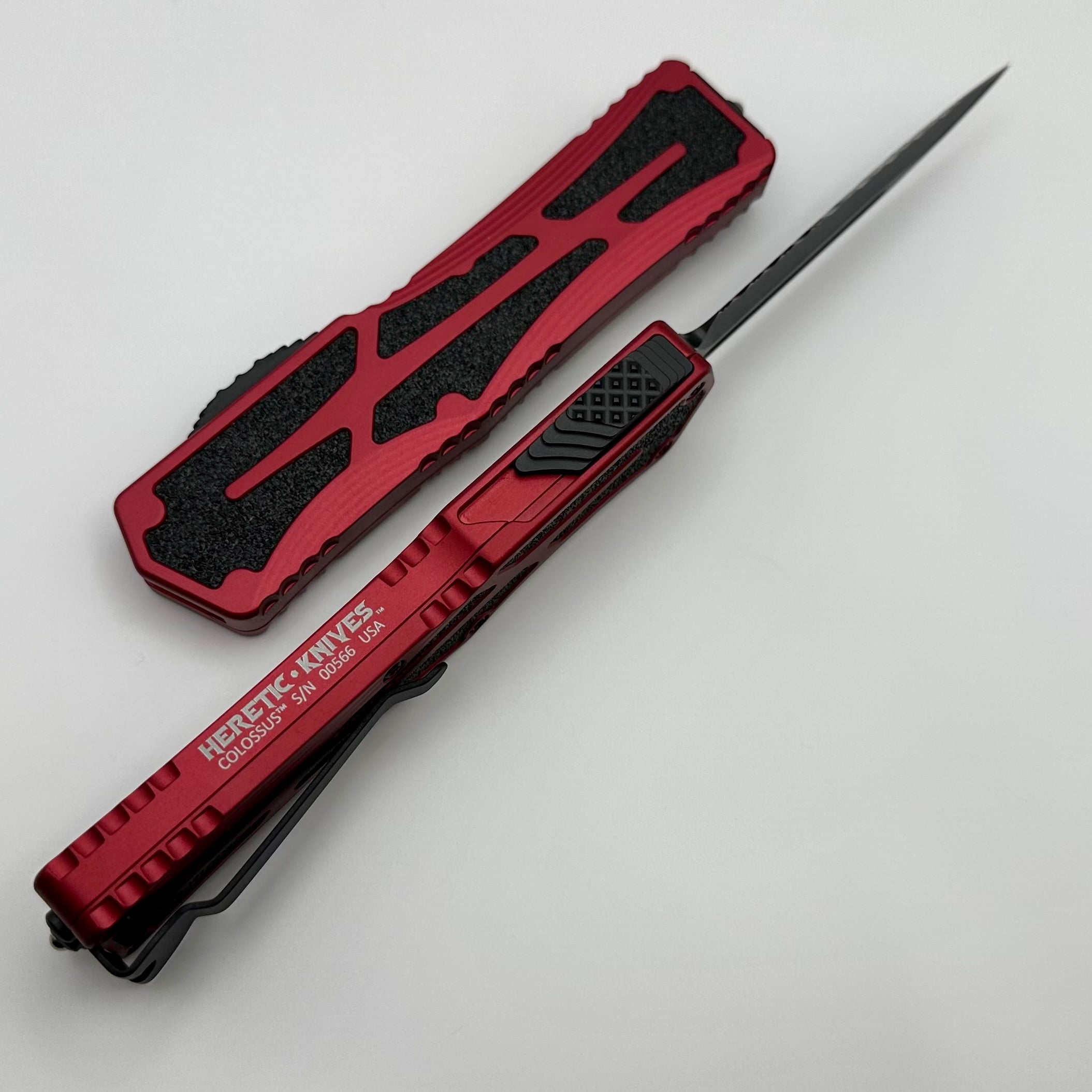 Heretic Knives Colossus DLC Double Edge Serrated Magnacut Tactical Knife - Red Aluminum Handle