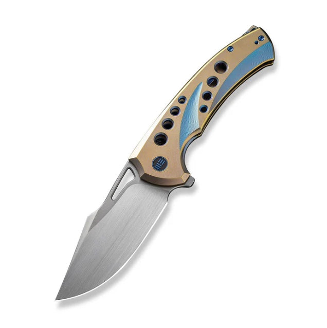 Premium WE Knife Swiftfin: Golden/Blue Titanium Handles with Blue Holes & Hand Satin 20CV Blade WE23051-4