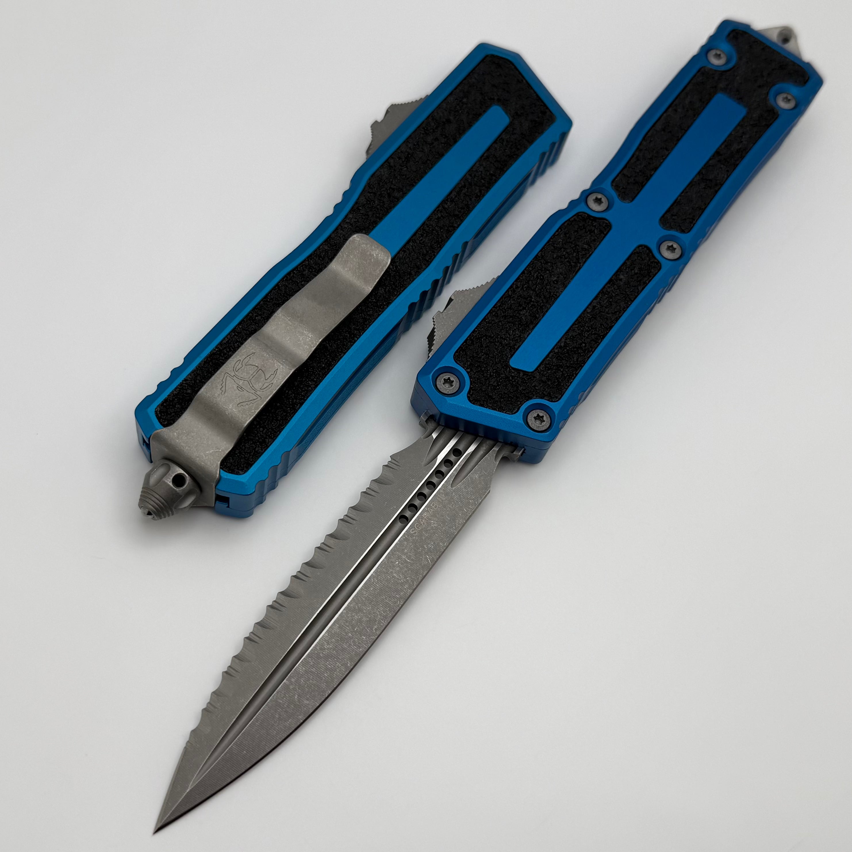 Premium Microtech Scarab 2 Gen 3 D/E Apocalyptic Full Serrated Knife - Blue Handle