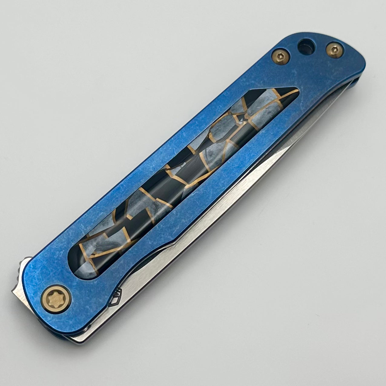 Medford T-Bone Blue Titanium Framelock Flipper - Premium Mosaic Inlaid Handles & Bronze Hardware