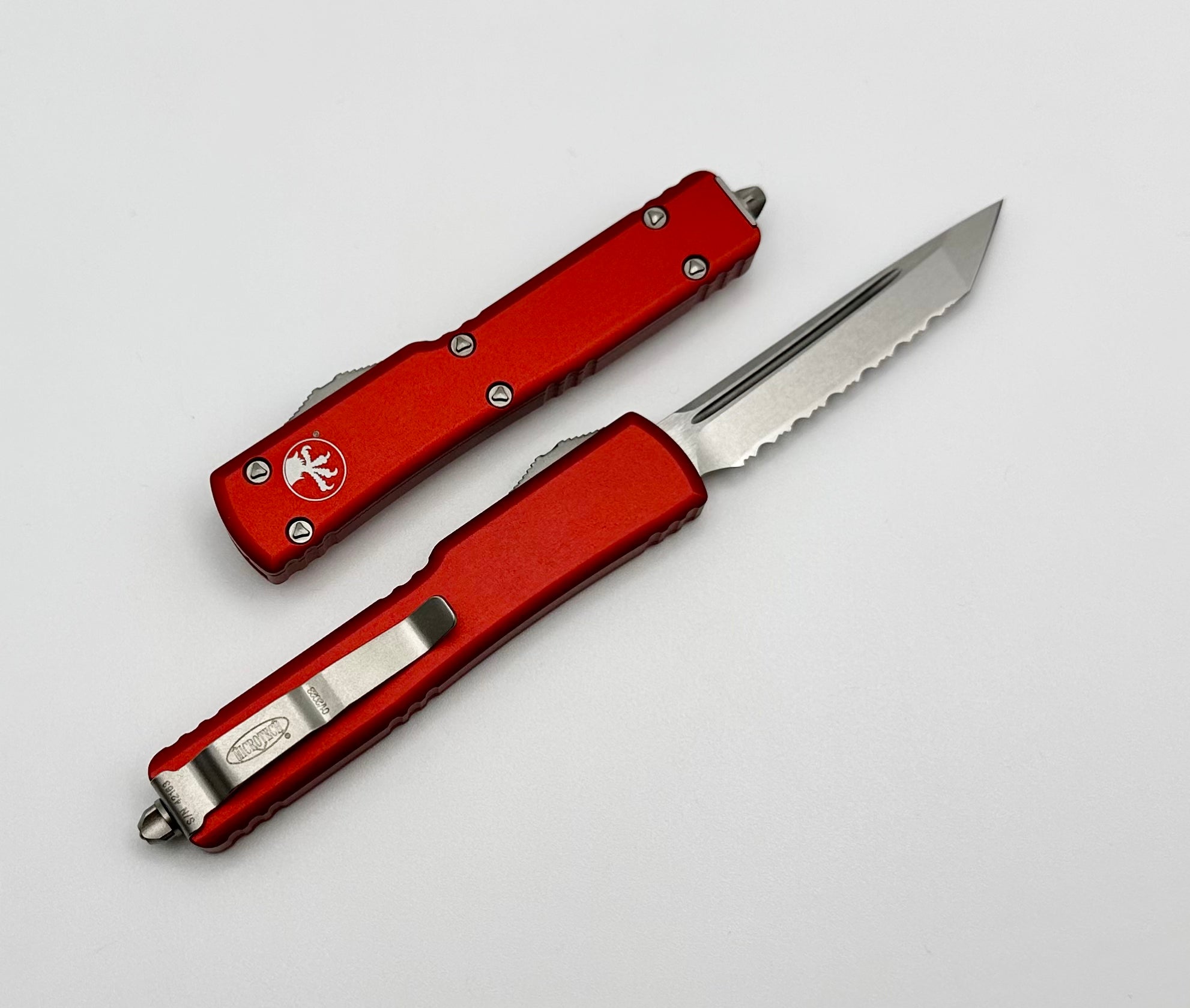 Premium Microtech UTX-70 Tanto Edge Full Serrated Knife - Stonewash & Red