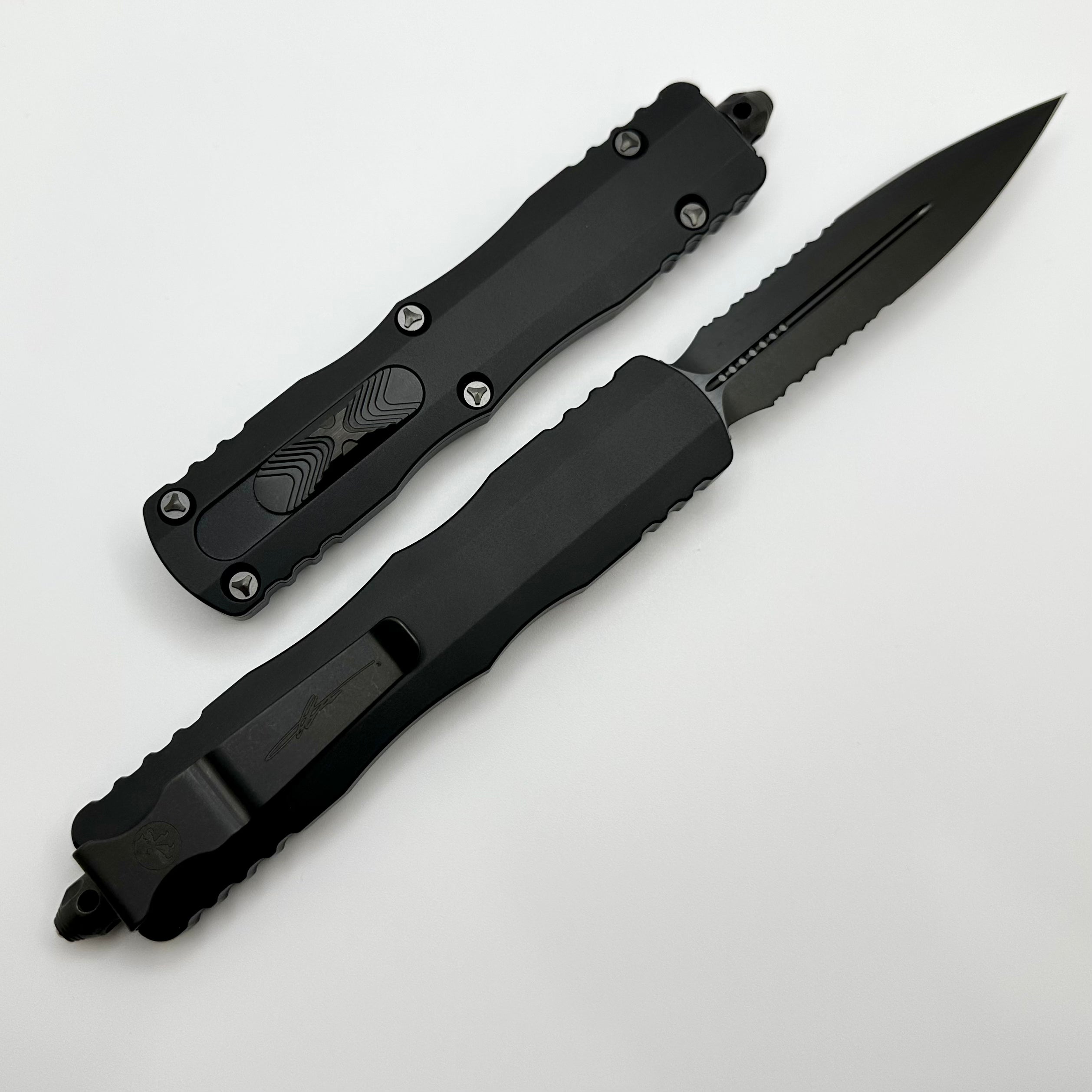 Premium Microtech Dirac Delta DLC Shadow OTF Knife - Double Edge Serrated