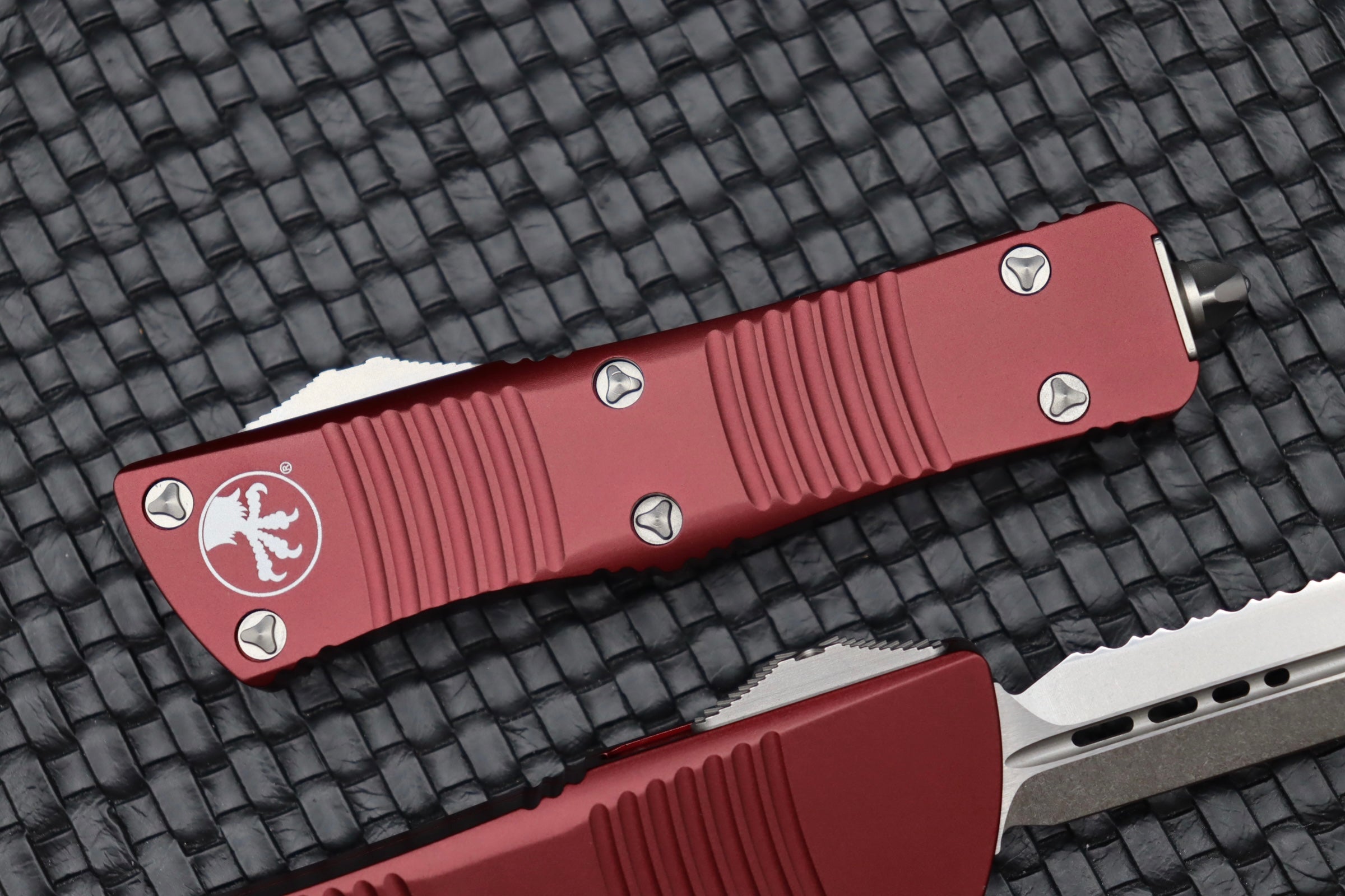 Premium Microtech Troodon Double Edge Knife - Stonewash Finish & Merlot Handle