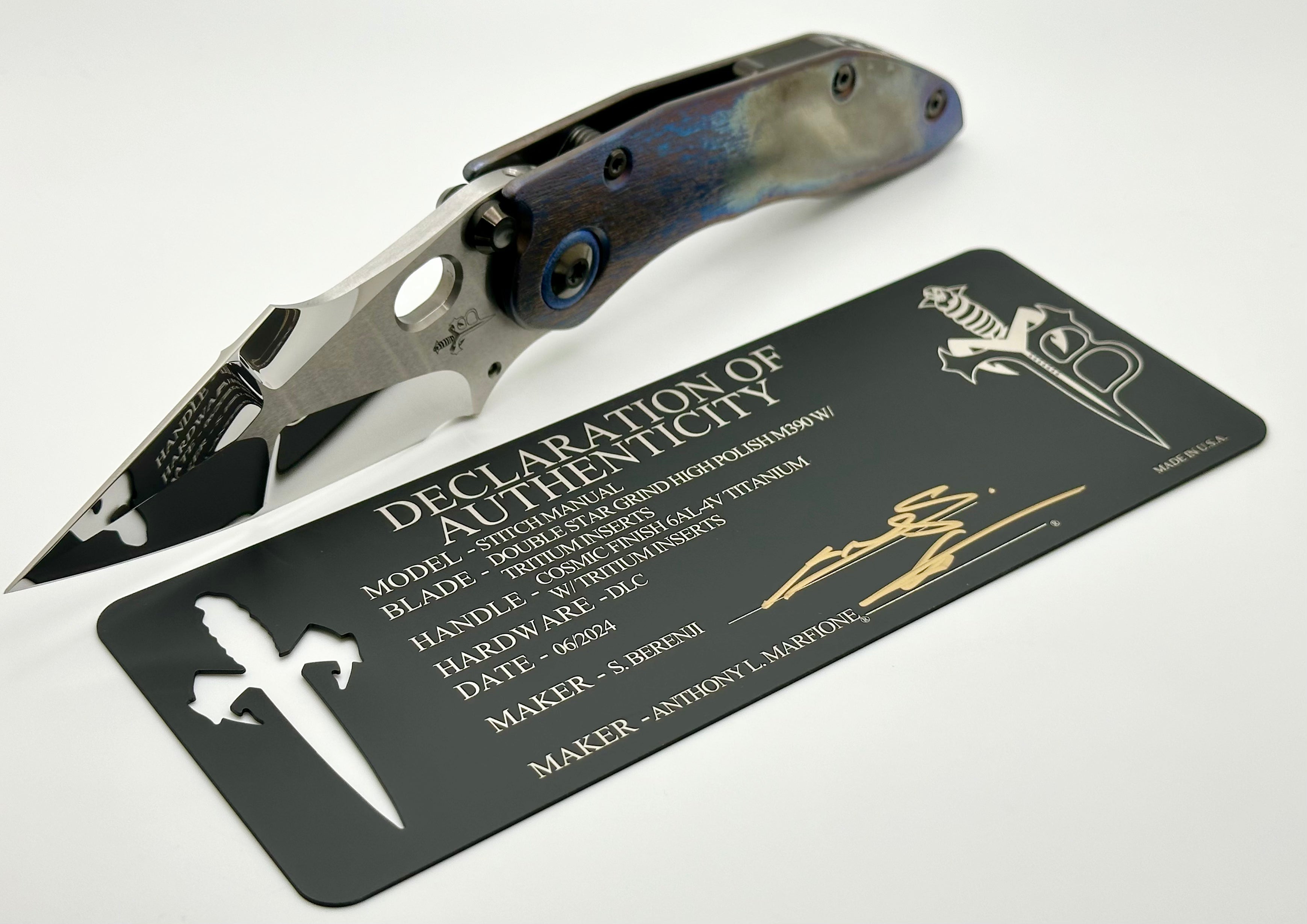 Marfione Custom Knives & Borka Blades Stitch Cosmic - Ultimate Tritium Inlaid Double Star Blade