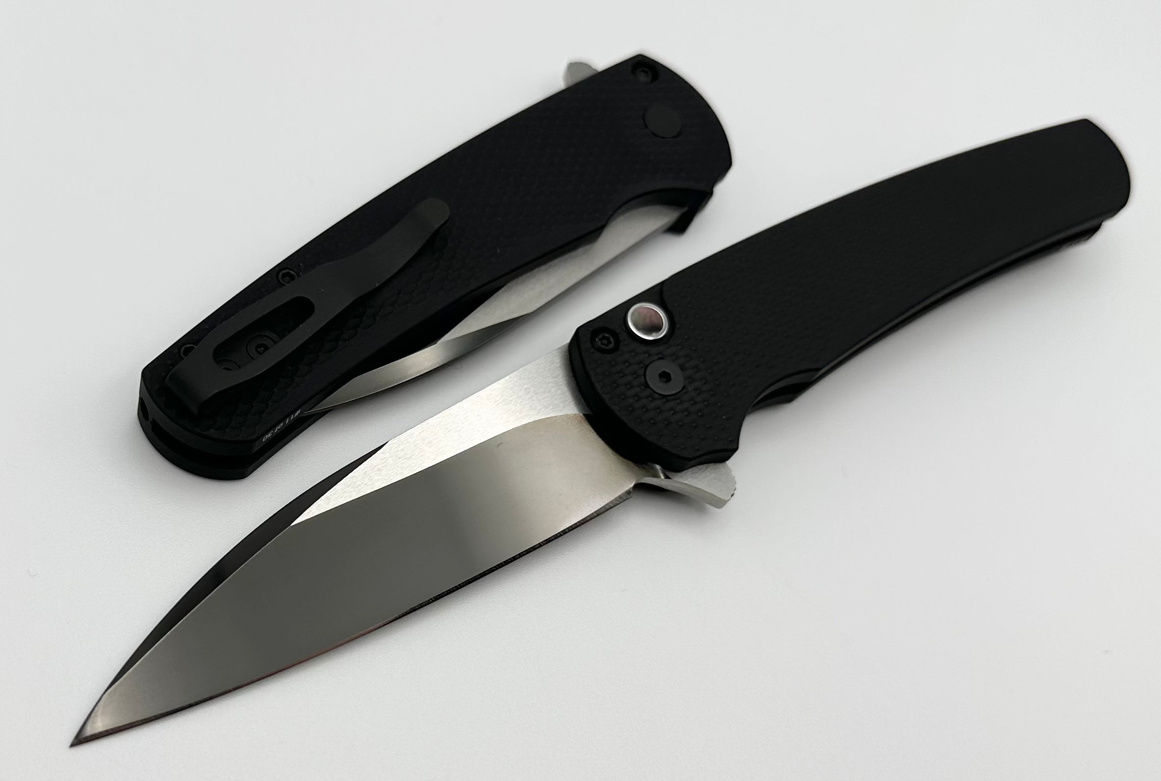 Premium Pro-Tech Malibu Knife: Textured Black with Mother of Pearl Button & Two-Tone DLC Blade