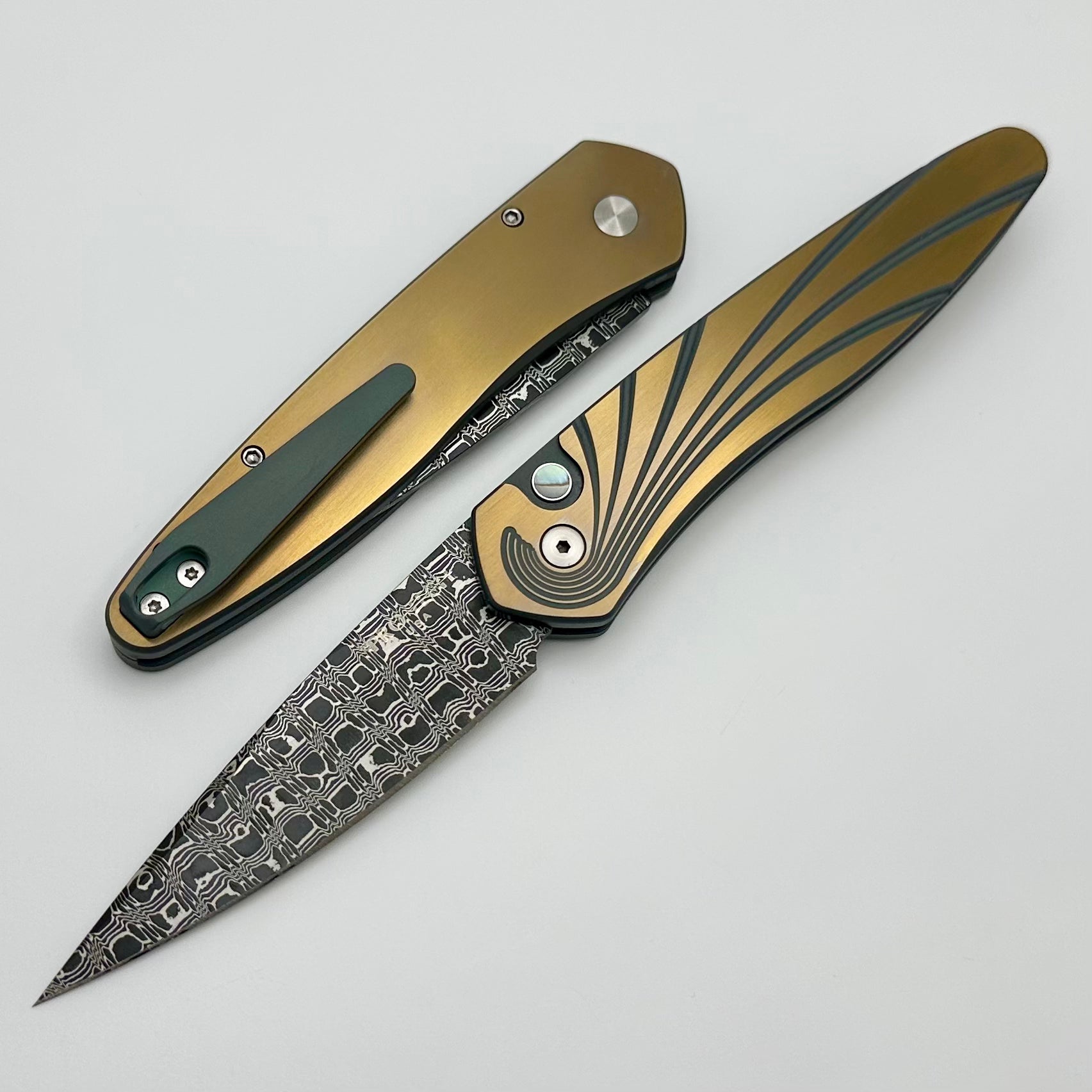 Ultimate Pro-Tech Newport Custom Knife - Green/Bronze Titanium with Abalone Button & Damascus Blade