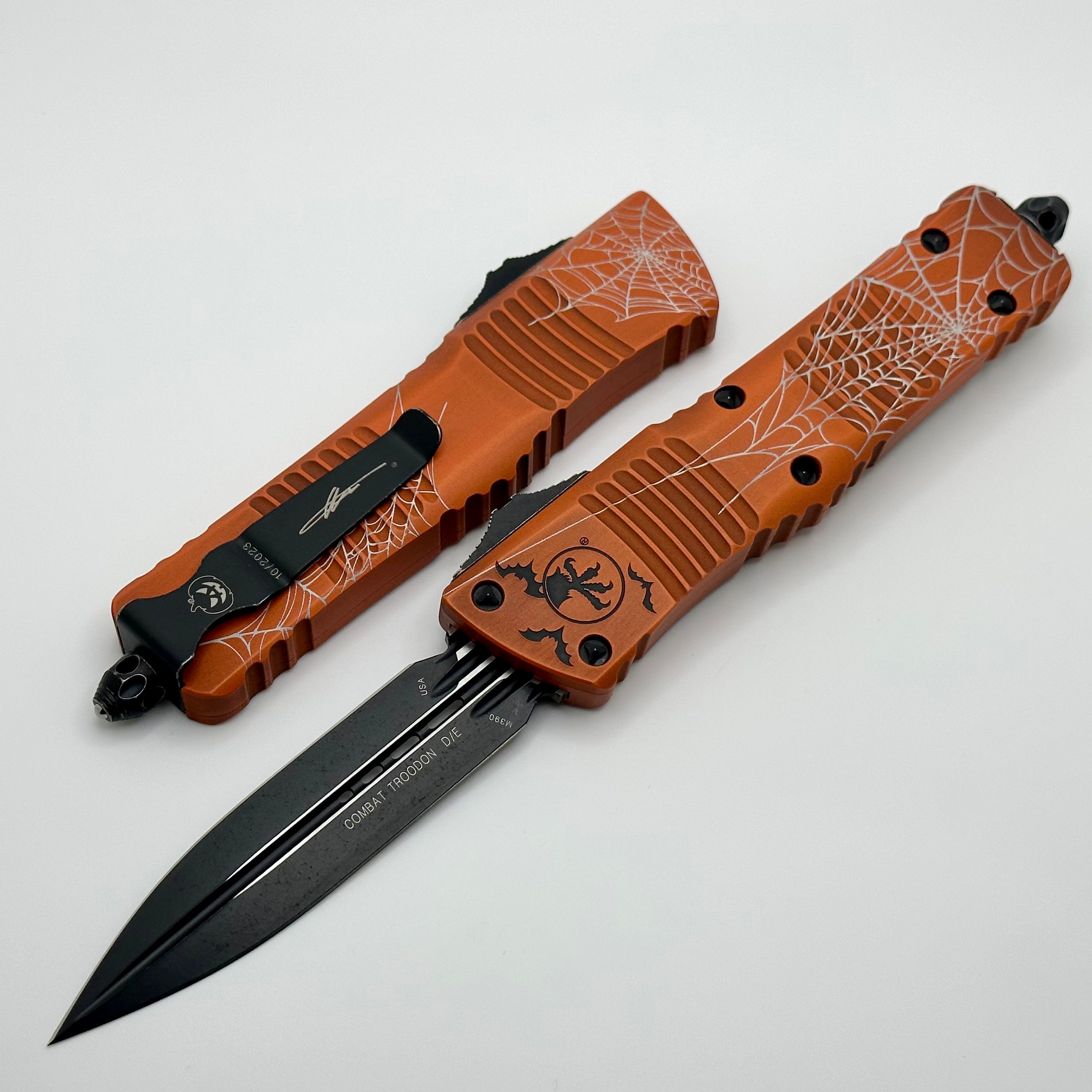 Microtech Combat Troodon Premium OTF Knife - Halloween Web Orange Fluted