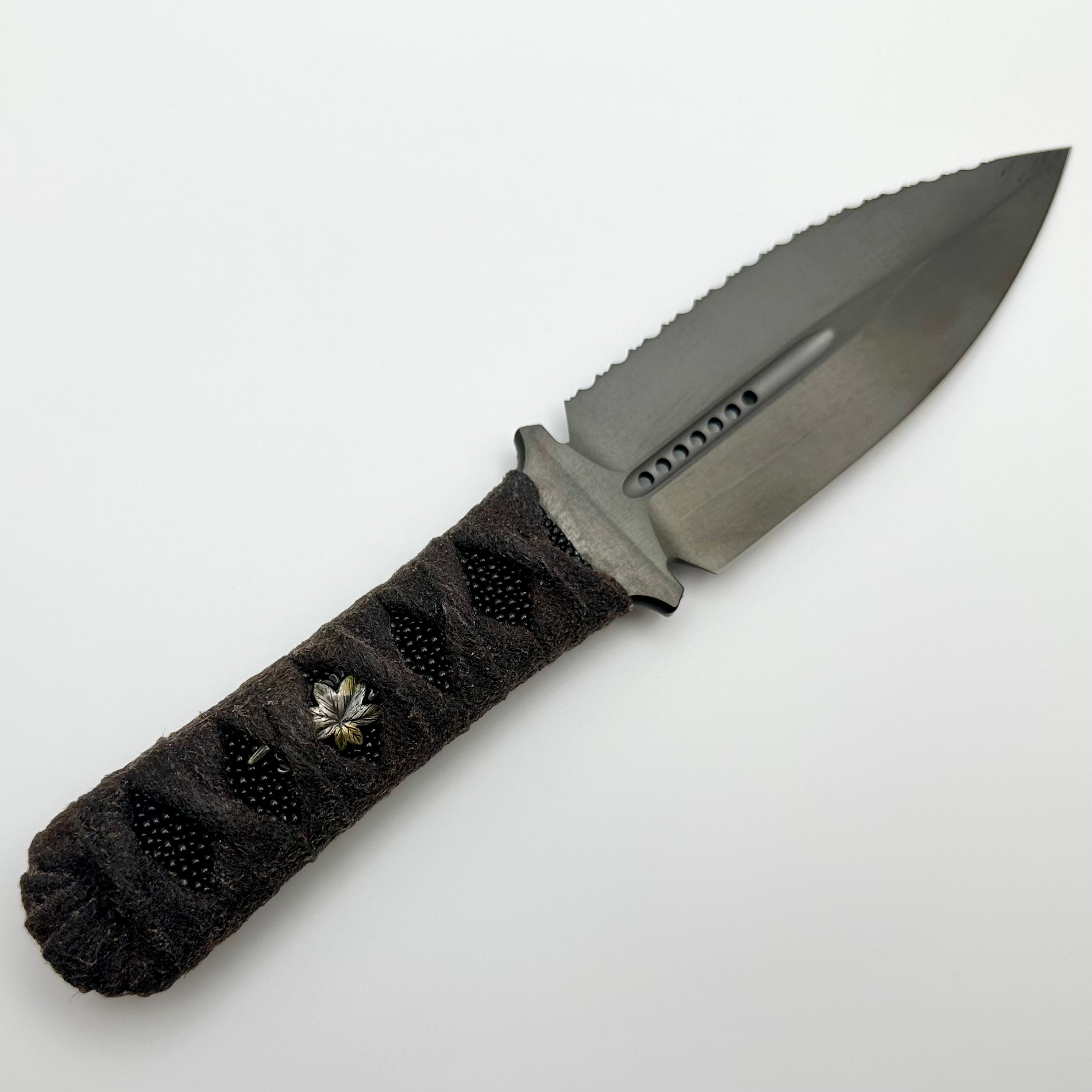 Premium Microtech SBD DLC Serrated Blade with Hand-Wrapped Menuki Inlaid Handle