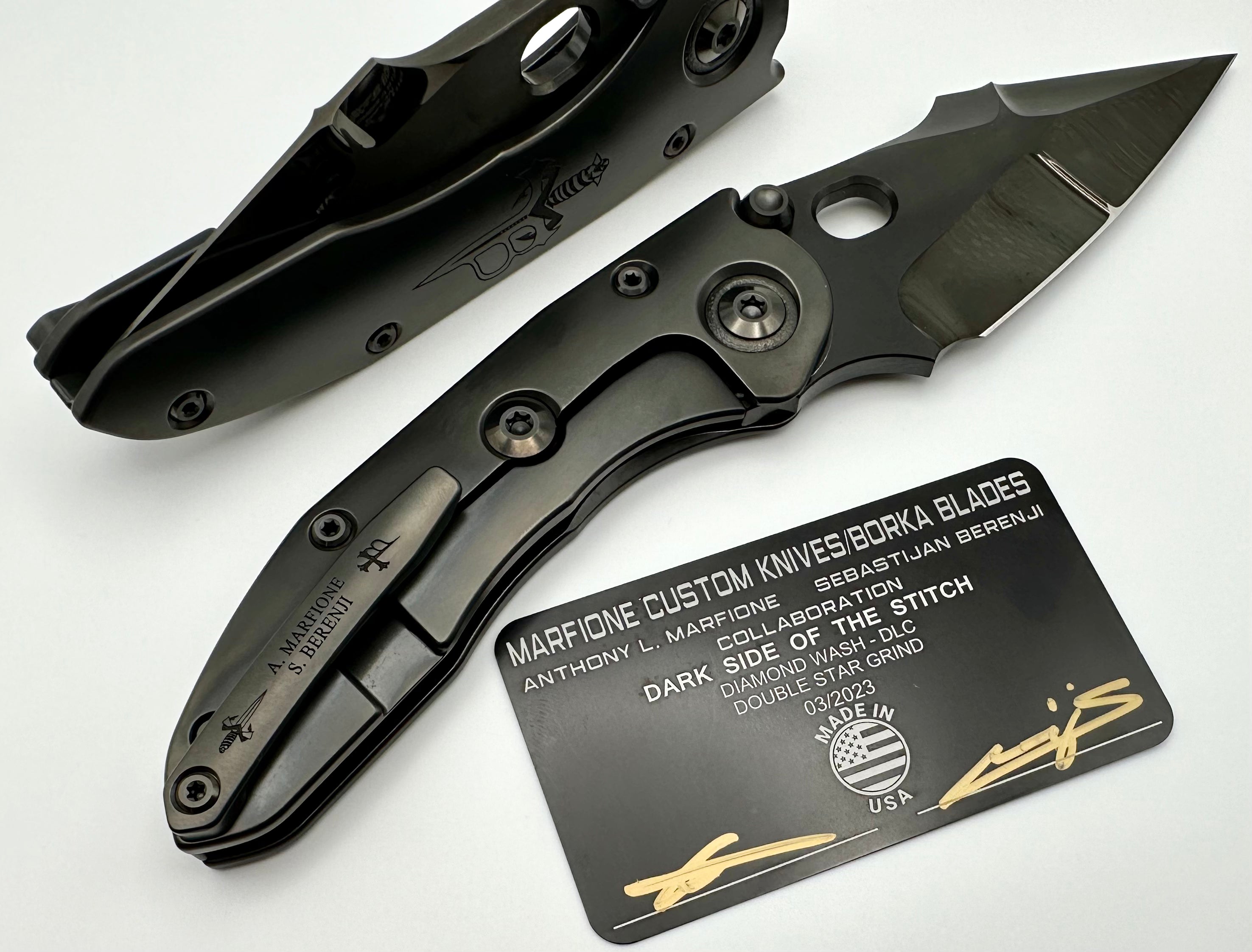 Marfione Custom & Borka Blades Ultimate Dark Side Stitch - DLC Diamond Wash M390 & Engraved Titanium