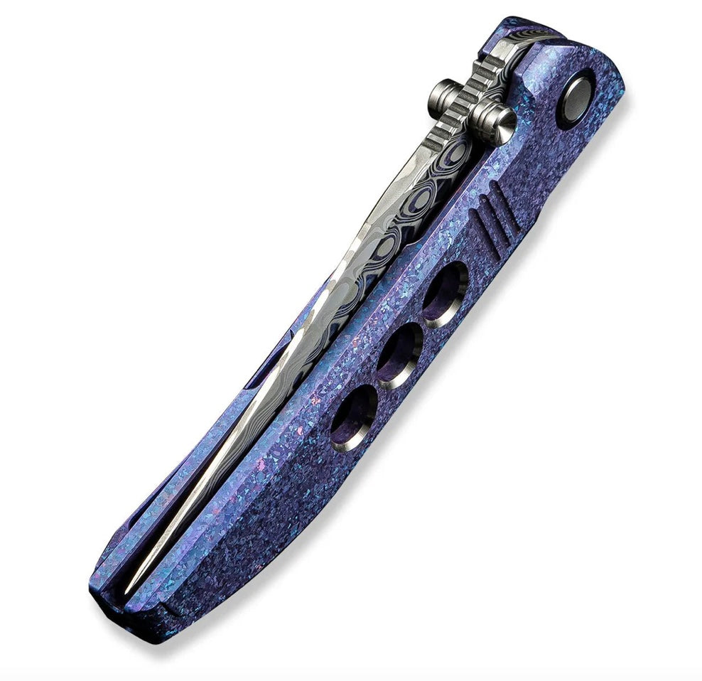 WE Knife Ezinta Flipper: Premium Crystalized Blue/Purple Titanium Integral Handle with Damasteel Blade