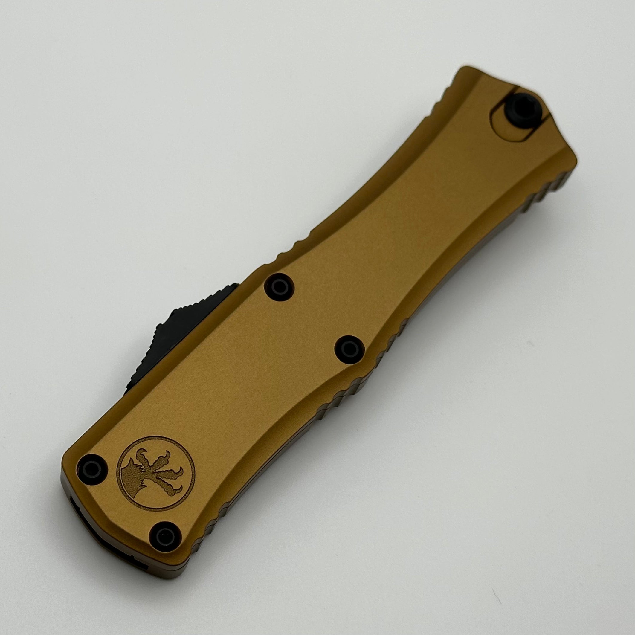 Microtech Premium Mini Hera OTF Knife - Ultimate EDC with M390MK Blade & Tan Aluminum Handle