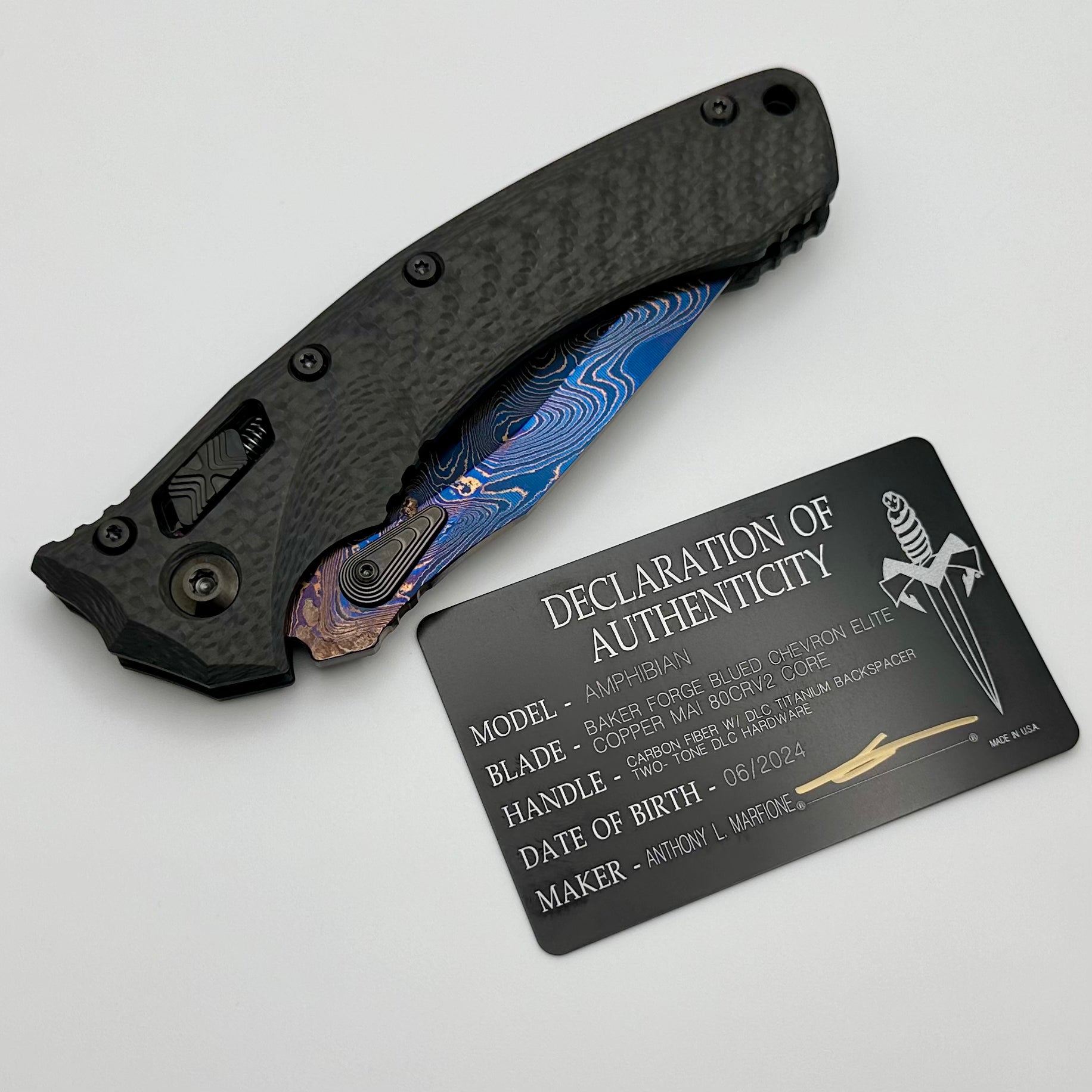 Microtech Amphibian RAM-LOK Elite Knife - Premium Baker Forge Damascus Blade with Carbon Fiber Handles & DLC Two-Tone Hardware