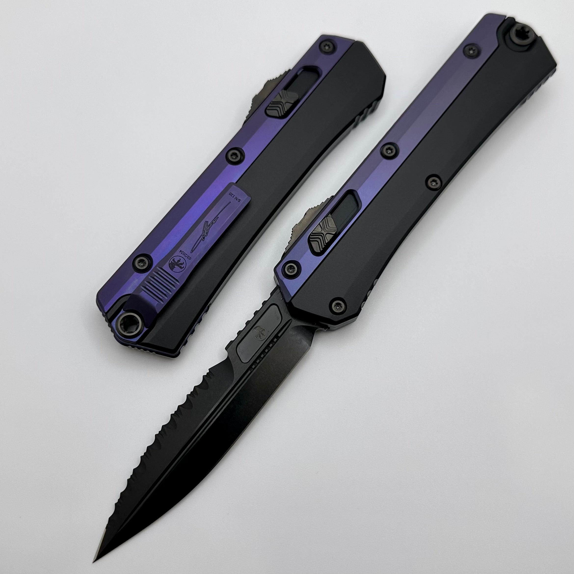 Premium Microtech Glykon DLC Bayonet Knife with Purple Anodized Accents - Signature Series