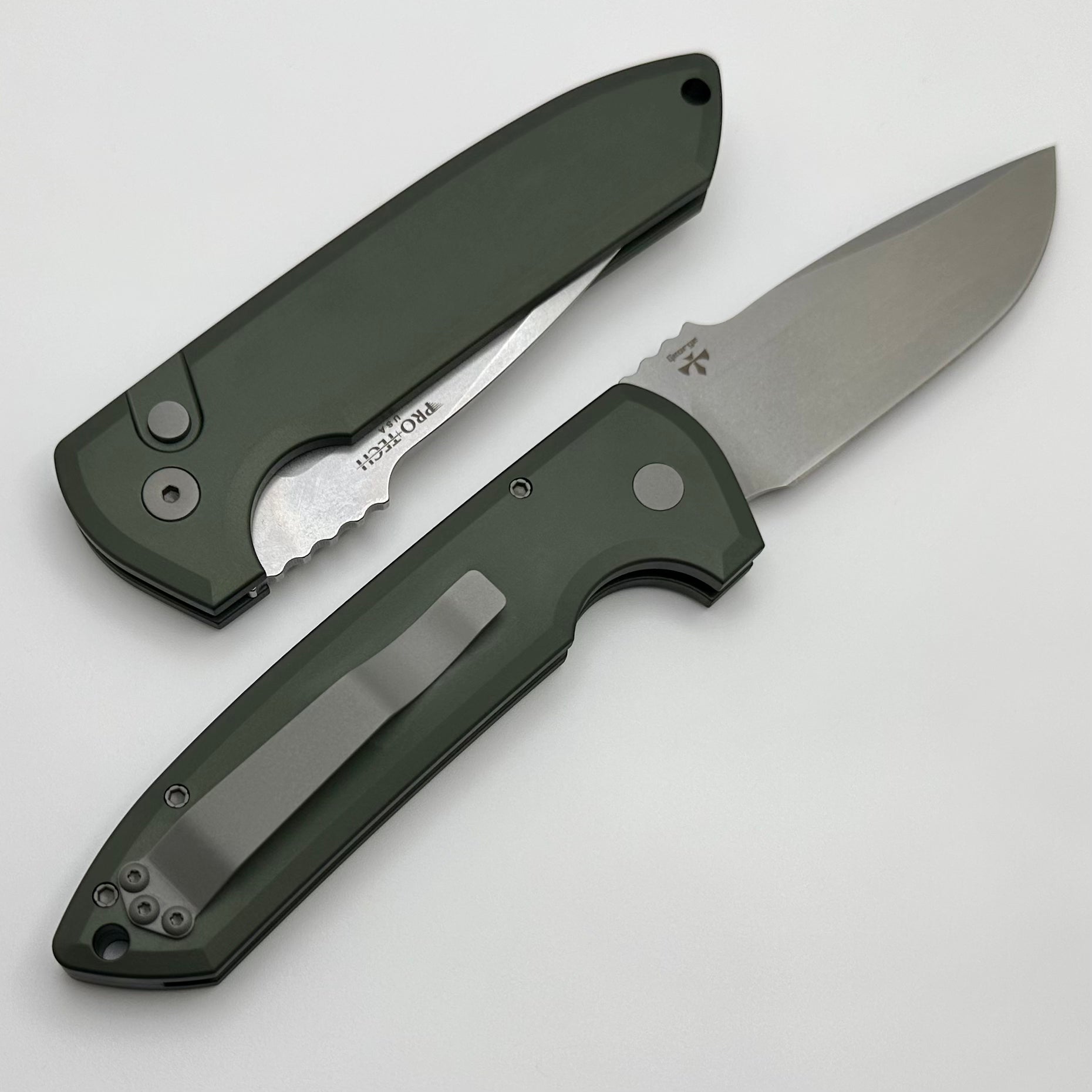 Ultimate Pro-Tech Les George Rockeye Folding Knife - Green Aluminum Handle & Stonewash CPM-S35VN Blade