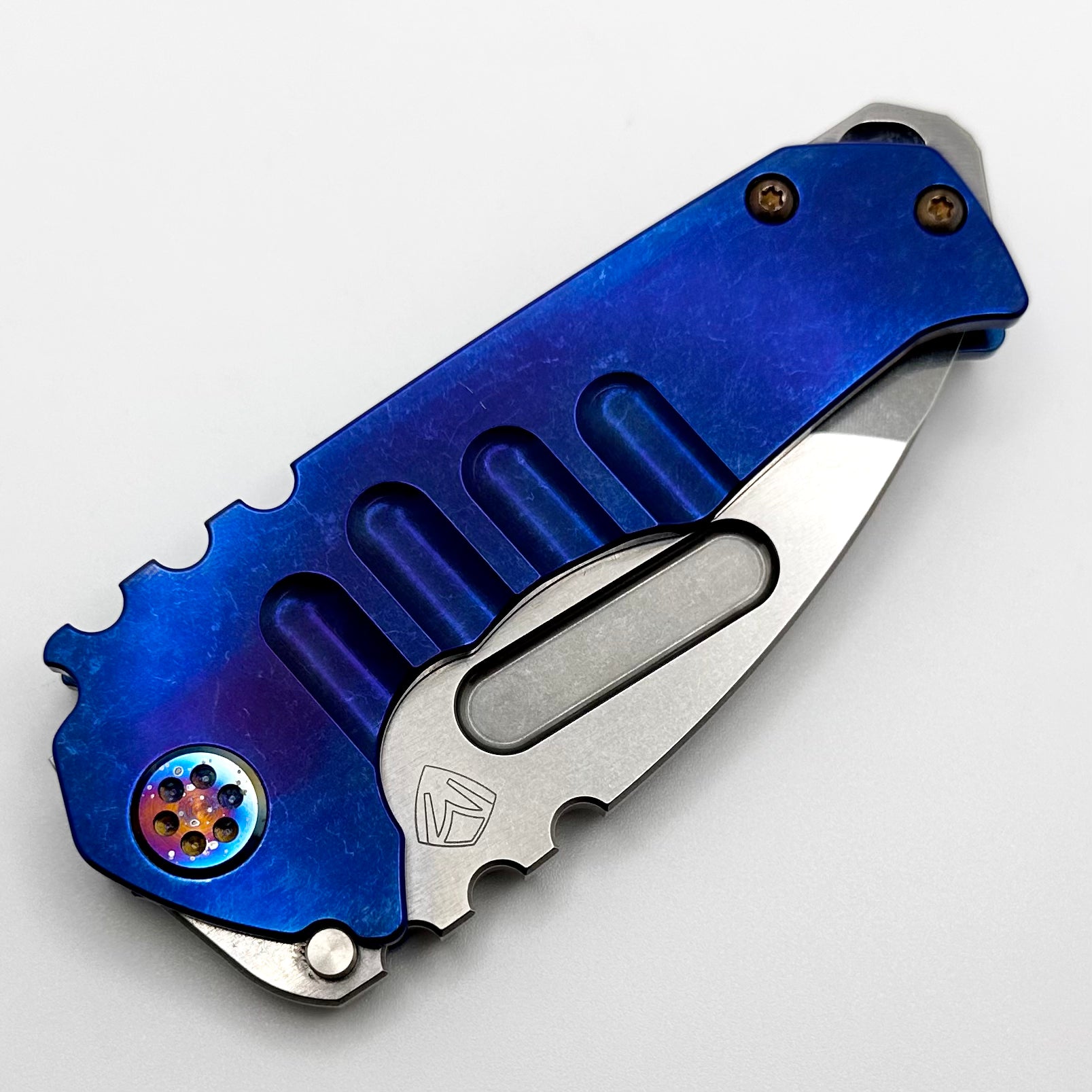 Medford Praetorian Genesis T Blue Tumbled Handles - Premium Folding Knife with Flamed Hardware & Galaxy Clip