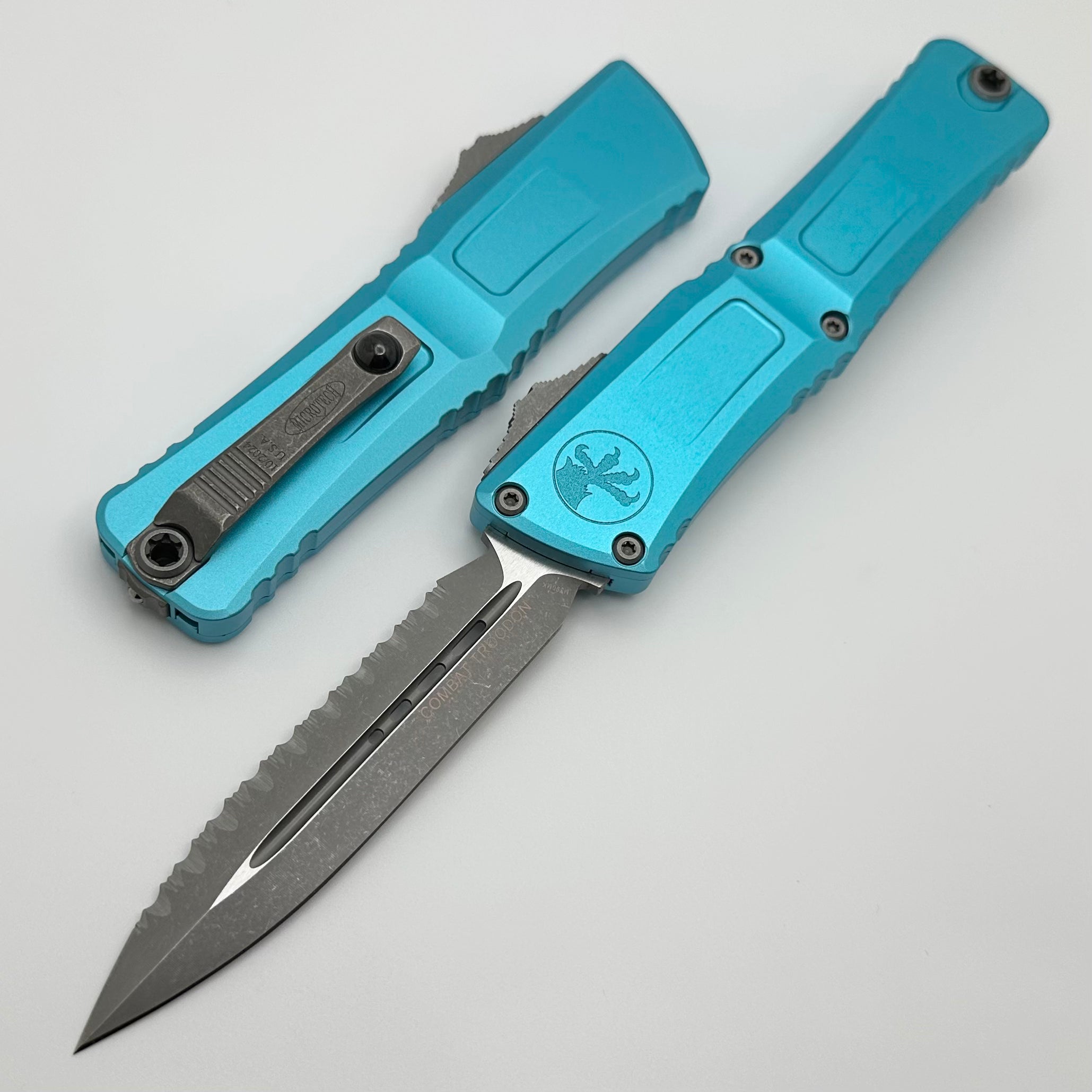 Microtech Combat Troodon Gen III Apocalyptic Full Serrated OTF Knife - Turquoise Handle