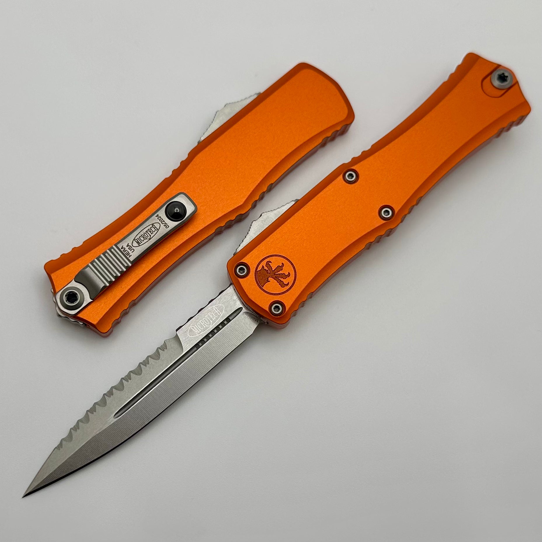 Microtech Mini Hera OTF Knife - Ultimate EDC with Full Serrated M390MK Blade & Orange Handle