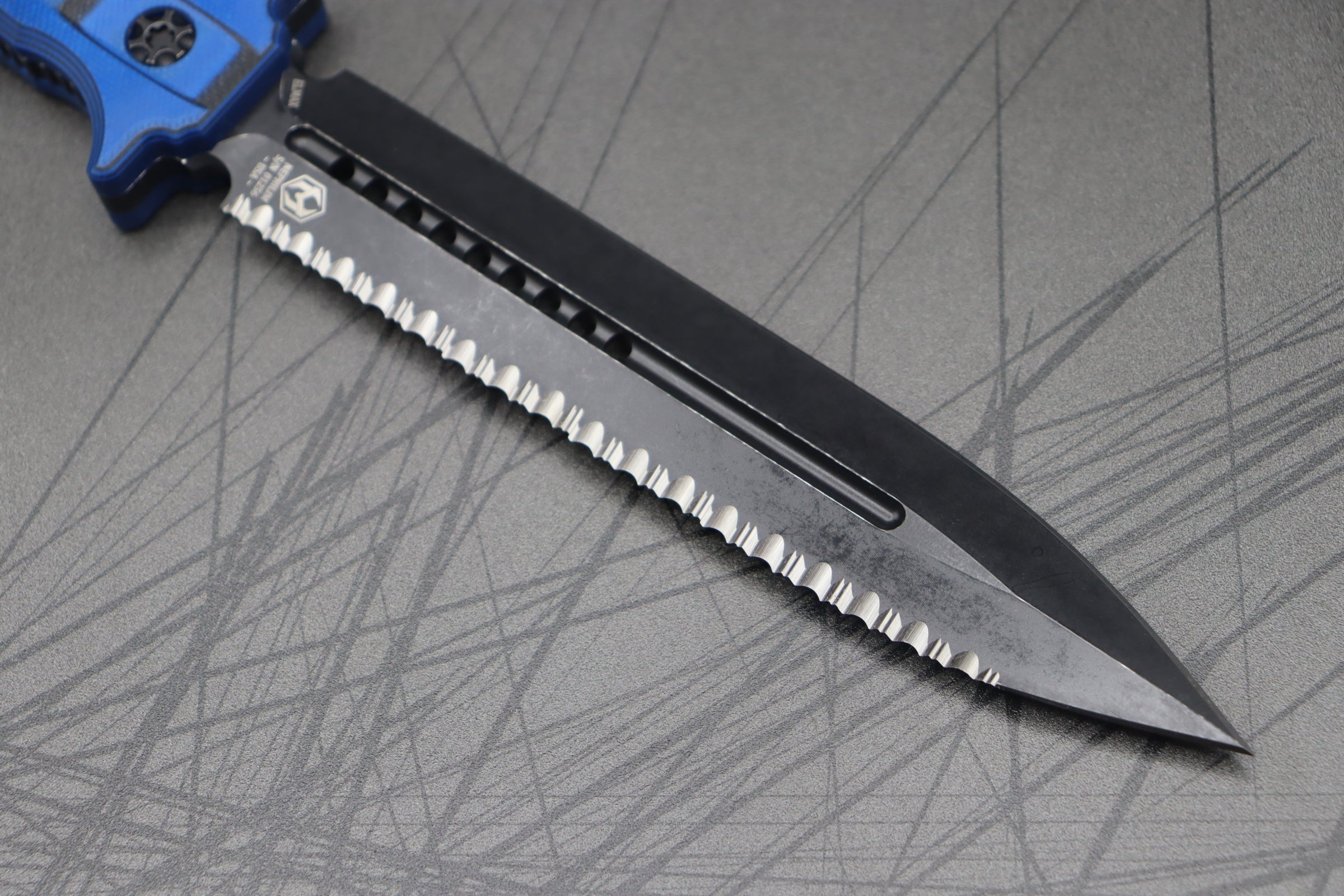 Heretic Knives Nephilim Ultimate Tactical Dagger - Black/Blue G-10 Handle & Double Edge Full Serrated Blade